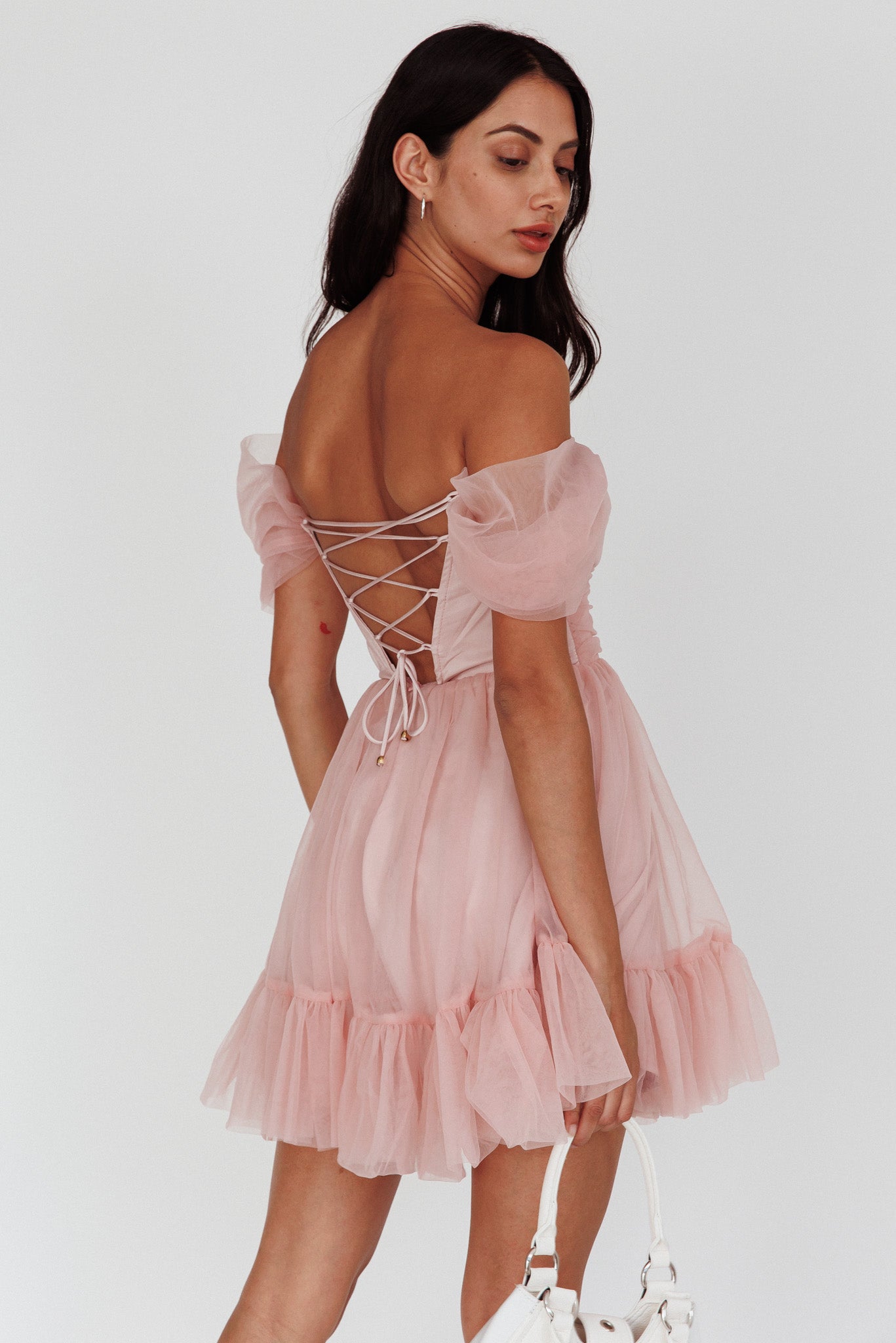 Pixi Off-Shoulder Lace-Up Back Back Pink by Selfie Leslie