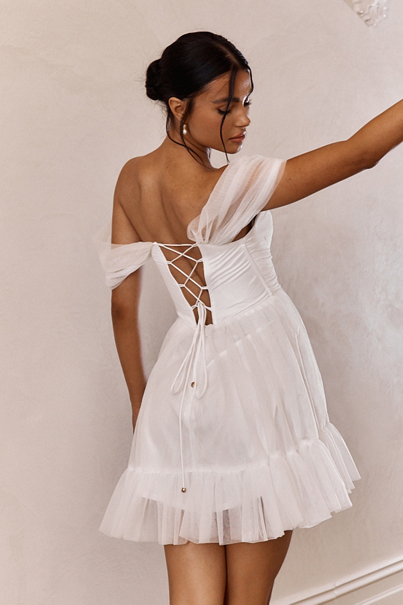 Shop the Pixi Off-Shoulder Lace-Up Back Mini Dress White