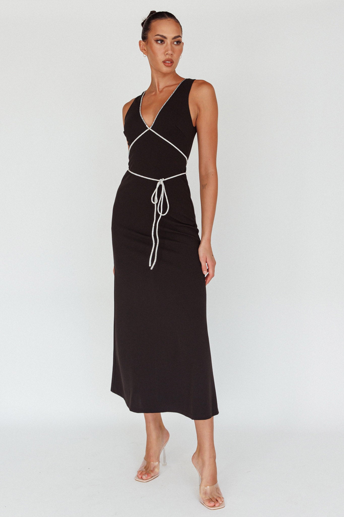 Del Sol Diamante Rope Maxi Dress Black by Selfie Leslie