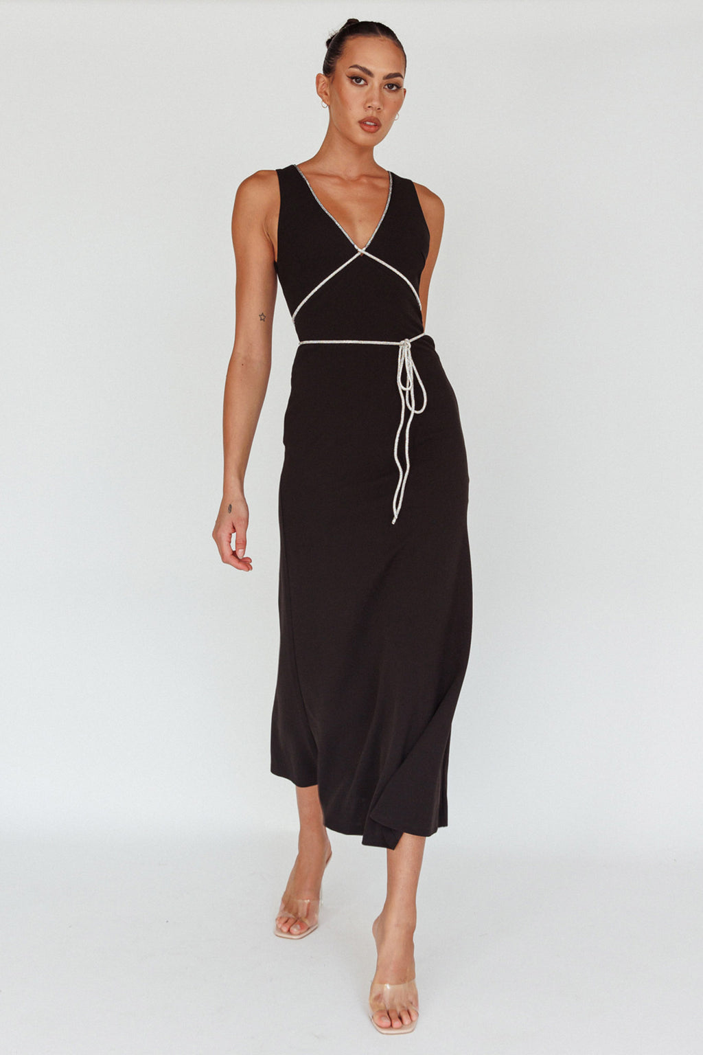 Del Sol Diamante Rope Maxi Dress Black by Selfie Leslie