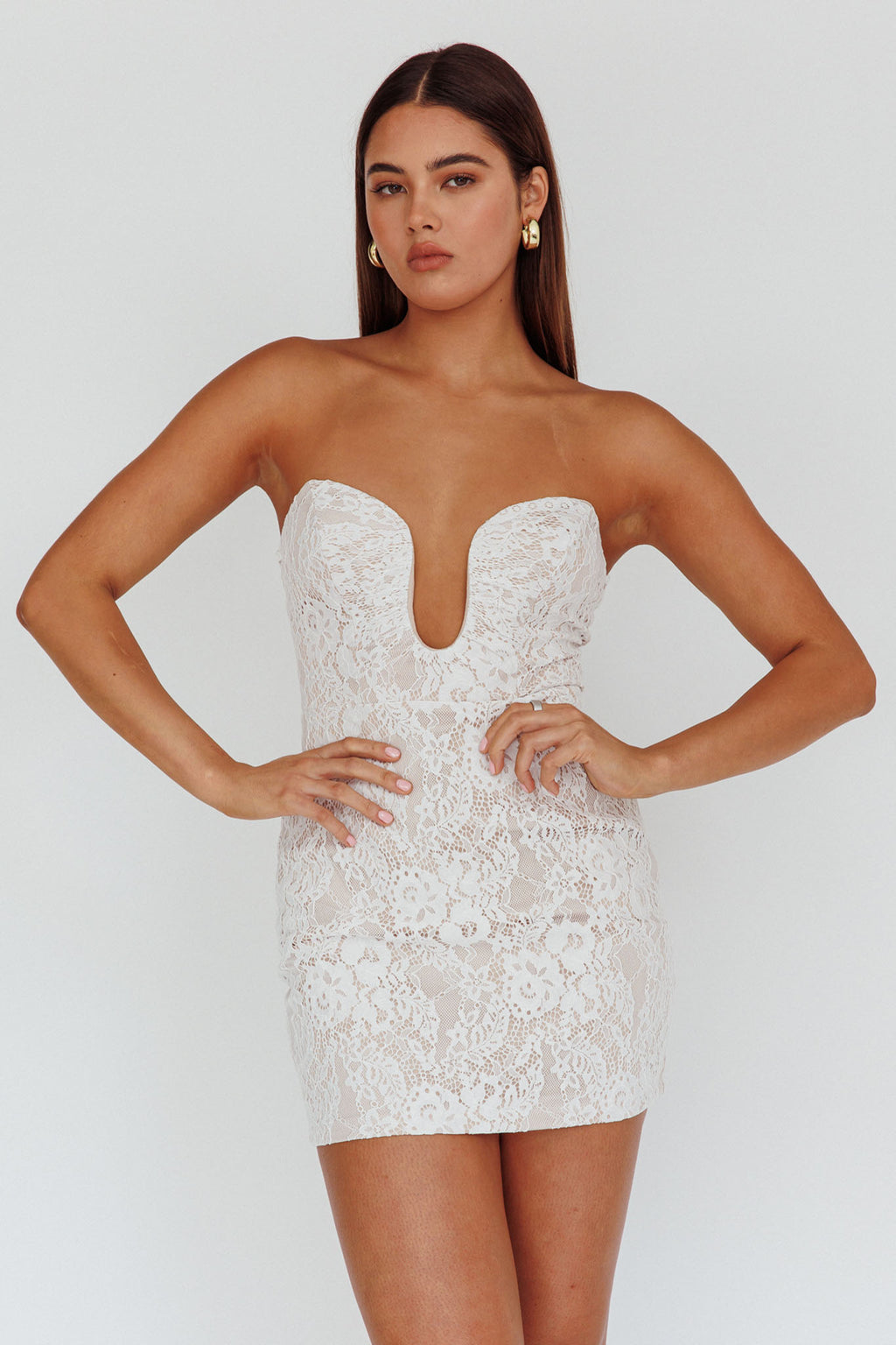 Nouveau U-Neckline Mini Dress Lace White by Selfie Leslie