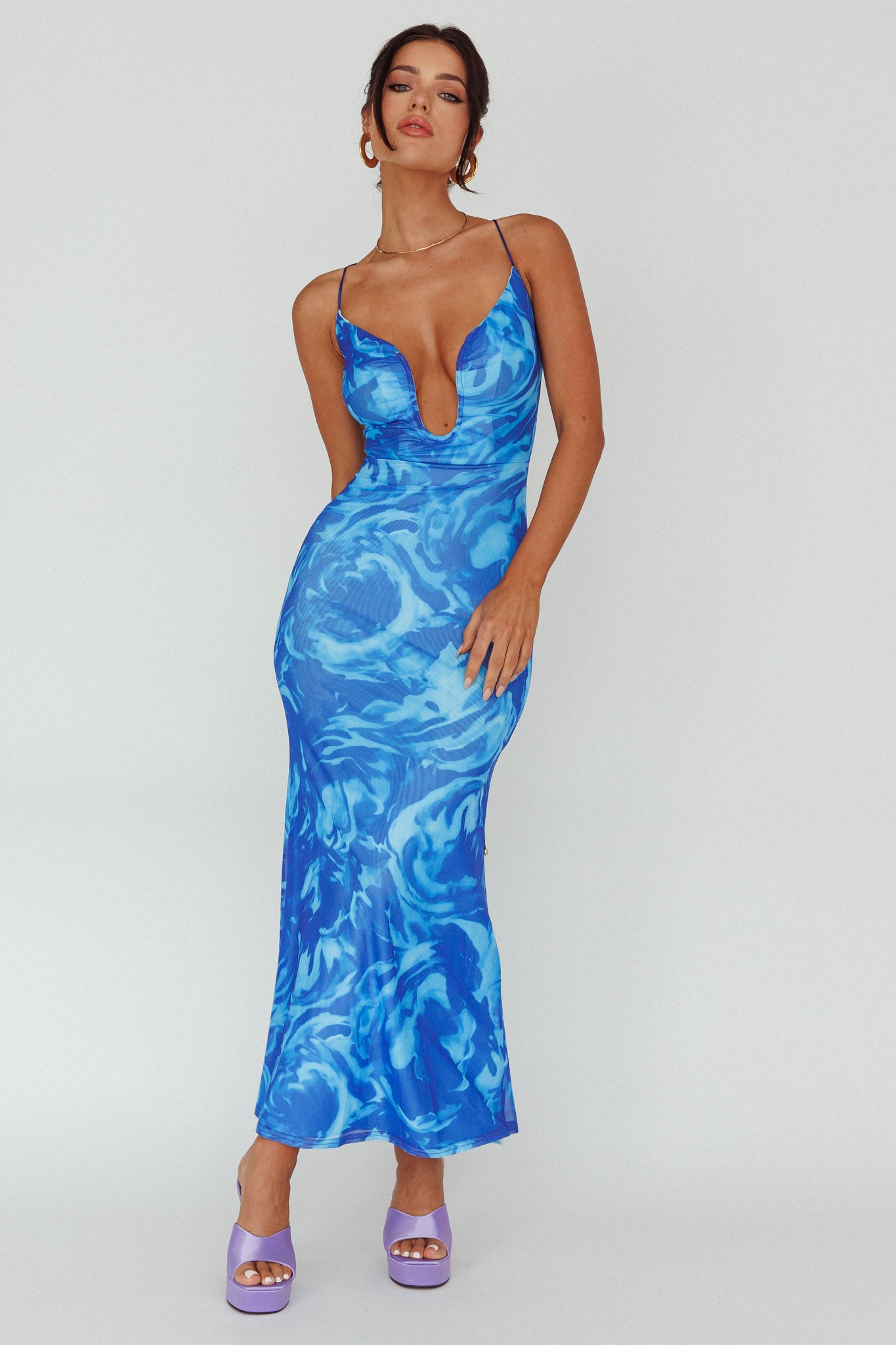 Nouveau U-Neckline Midi Dress Marbled Blue by Selfie Leslie