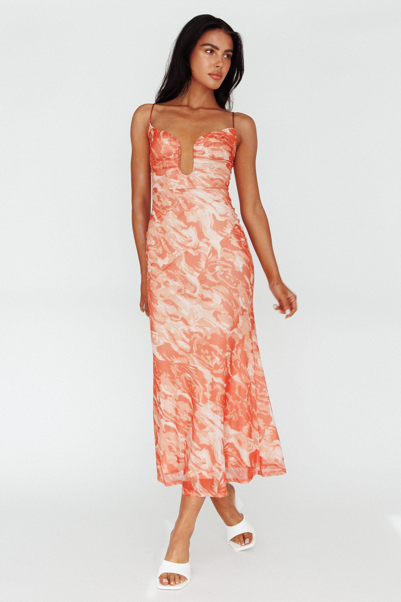 Nouveau U-Neckline Midi Dress Marbled Orange by Selfie Leslie