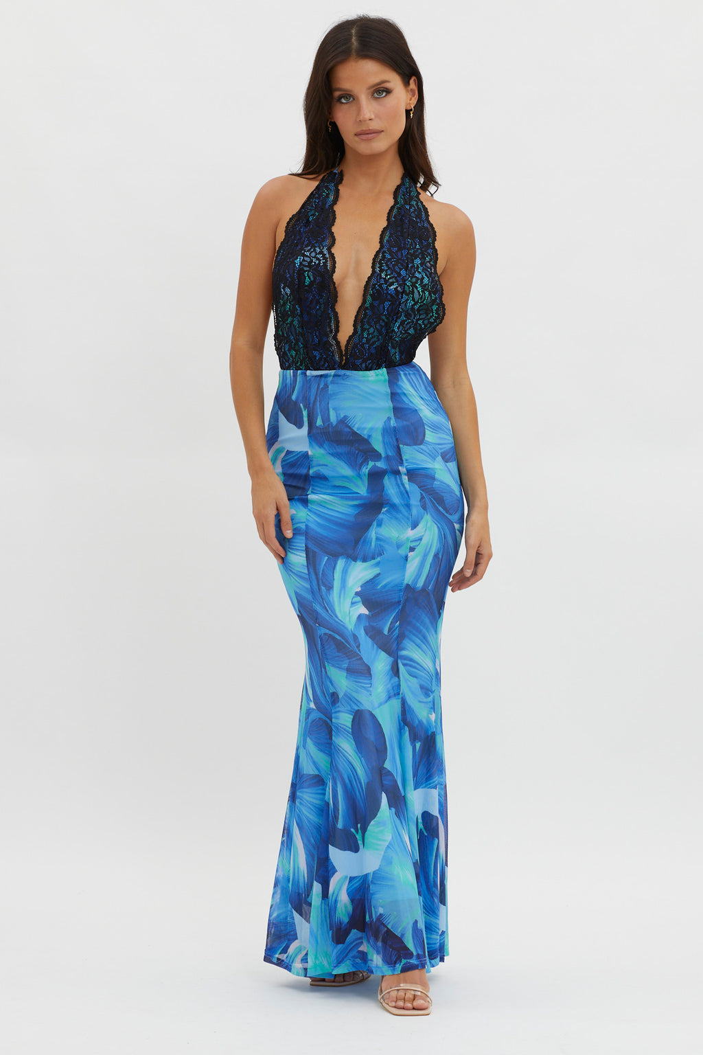 Mayah Lace Halterneck Maxi Dress Abstract Blue by Selfie Leslie