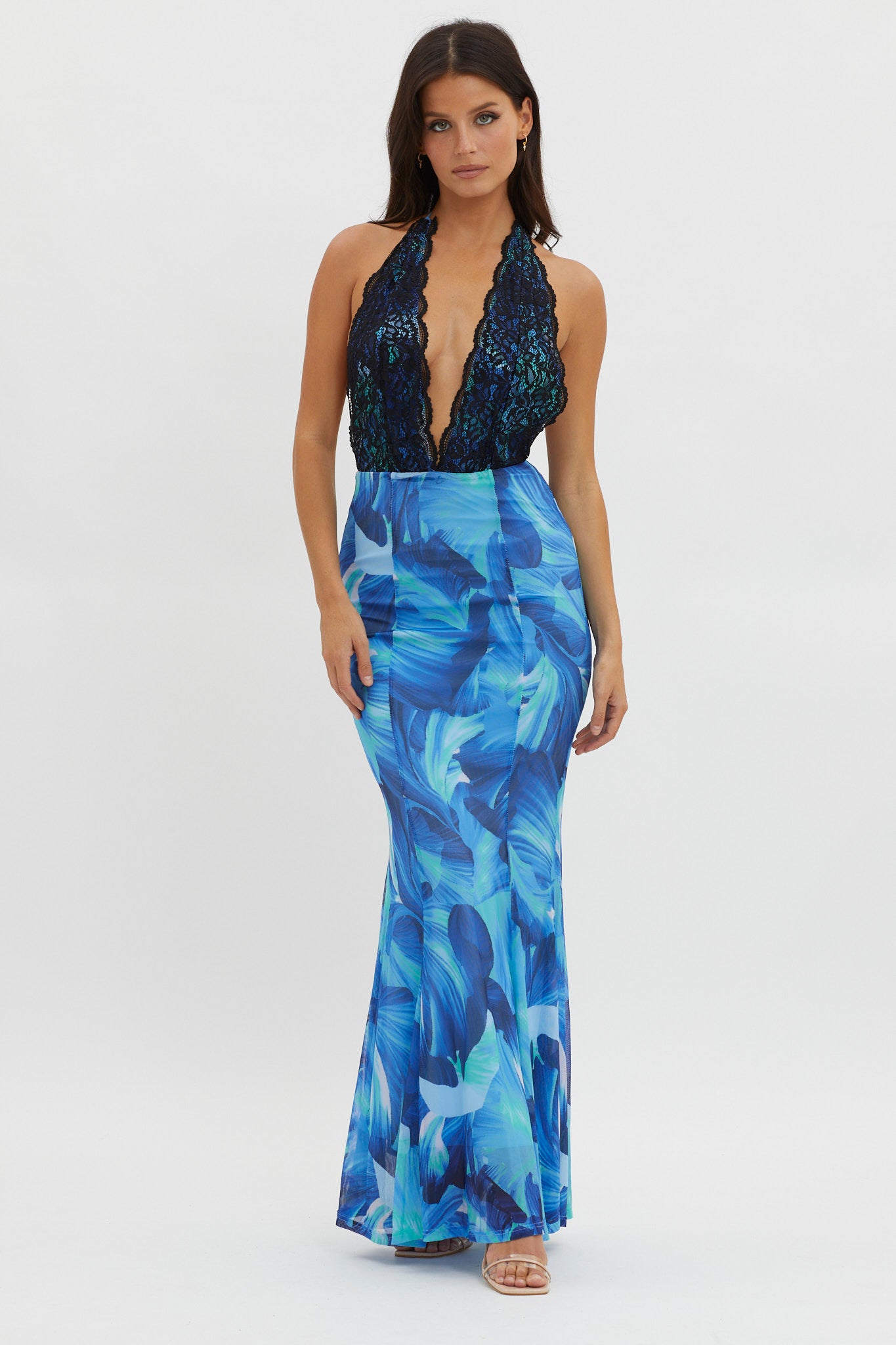 Mayah Lace Halterneck Maxi Dress Abstract Blue by Selfie Leslie