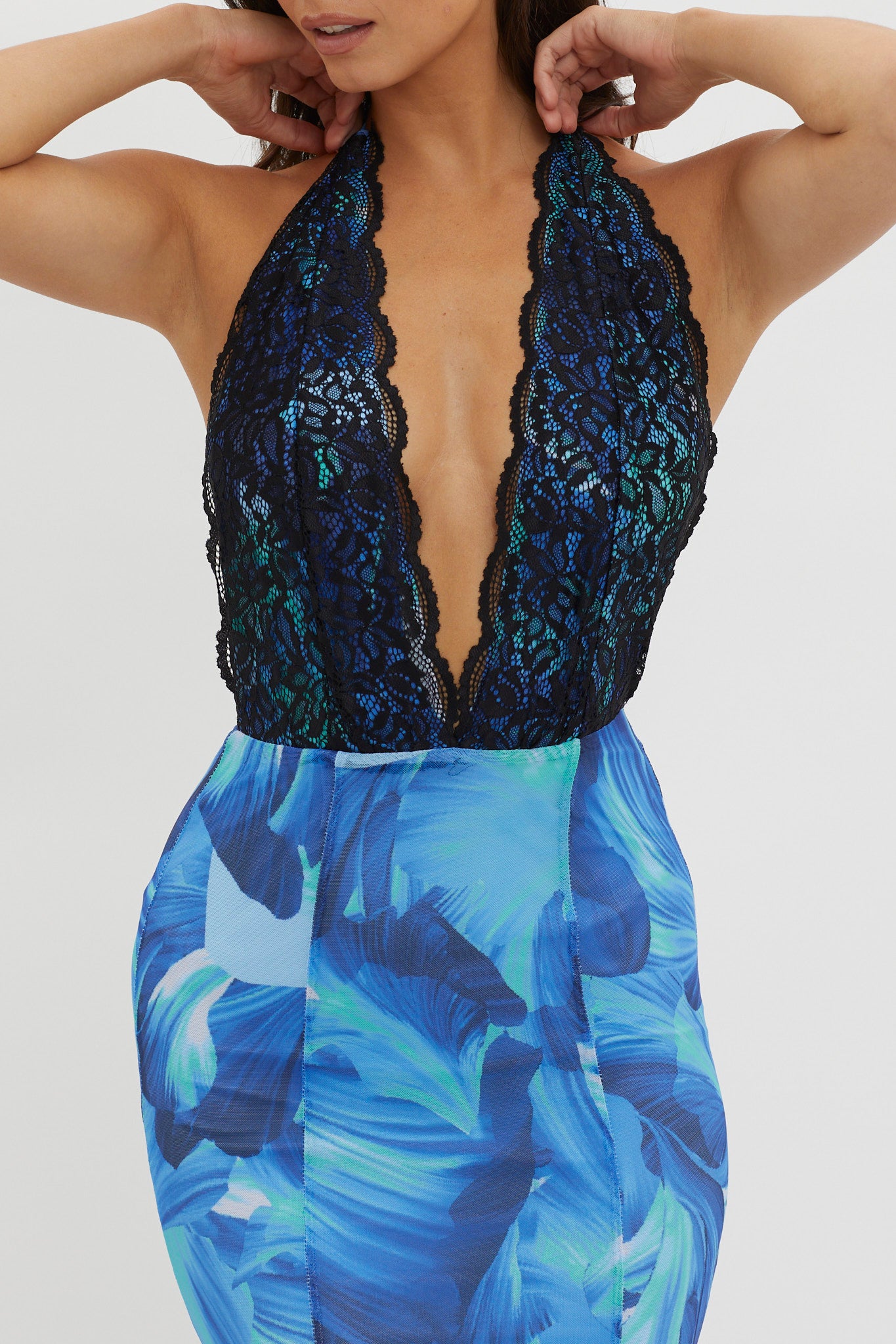 Mayah Lace Halterneck Maxi Dress Abstract Blue by Selfie Leslie
