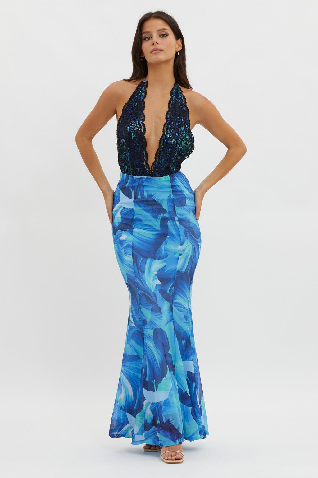 Mayah Lace Halterneck Maxi Dress Abstract Blue by Selfie Leslie