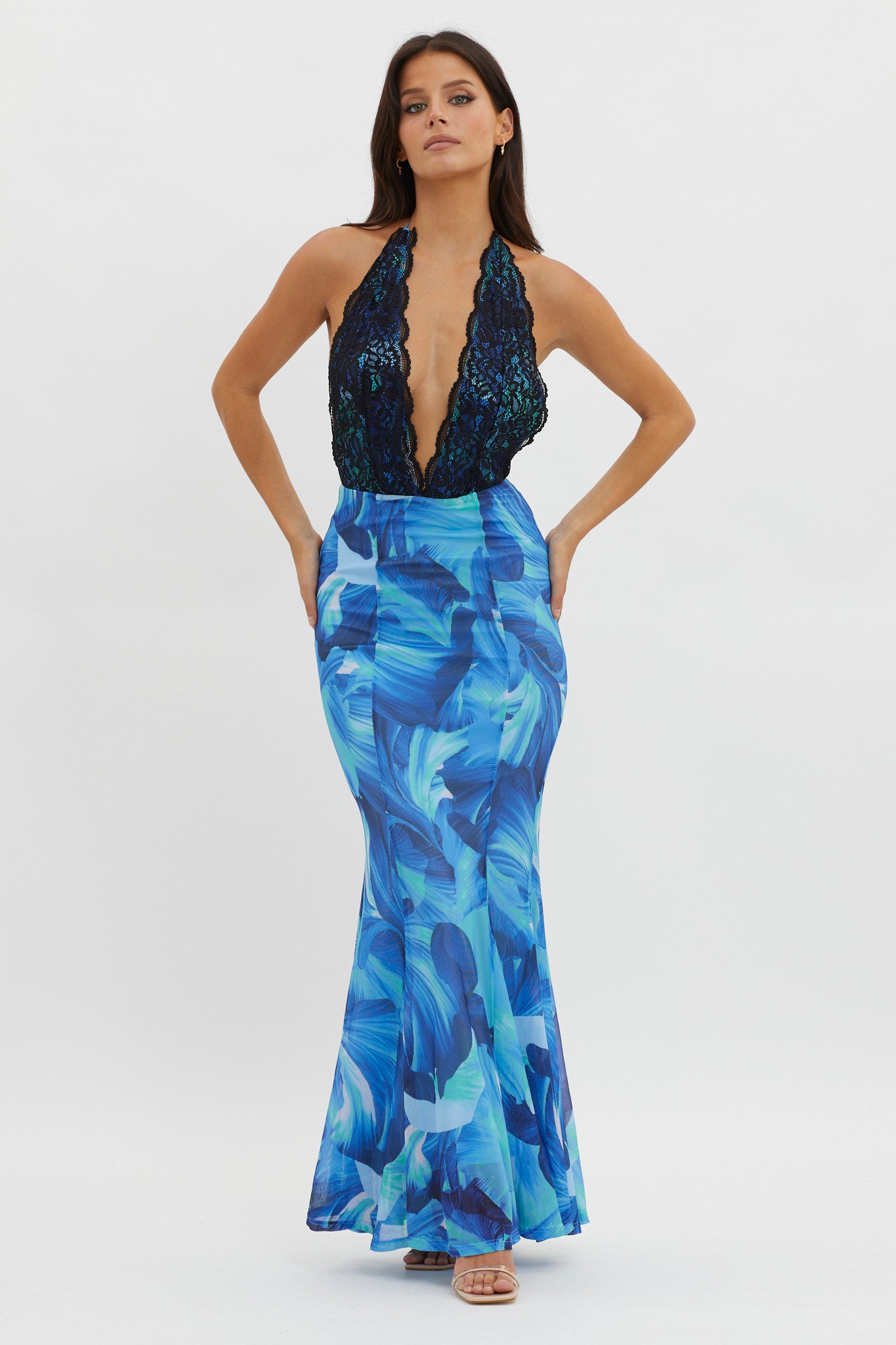 Mayah Lace Halterneck Maxi Dress Abstract Blue by Selfie Leslie