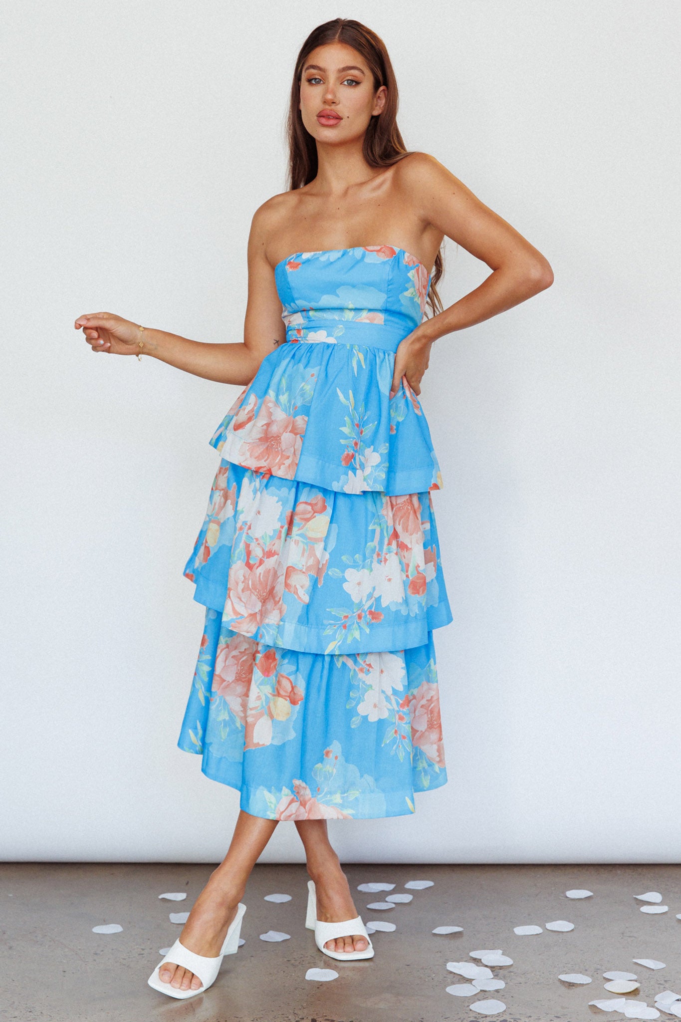 Outshine Strapless Tiered Midi Dress Floral Blue by Selfie Leslie