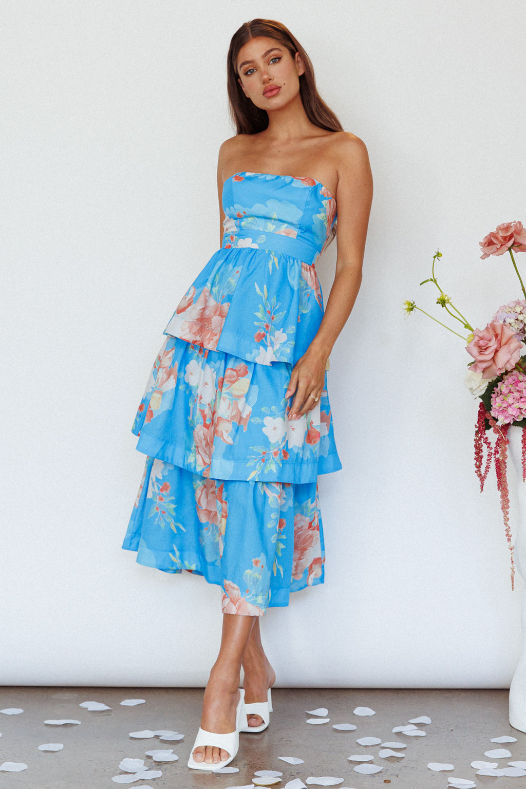Outshine Strapless Tiered Midi Dress Floral Blue by Selfie Leslie