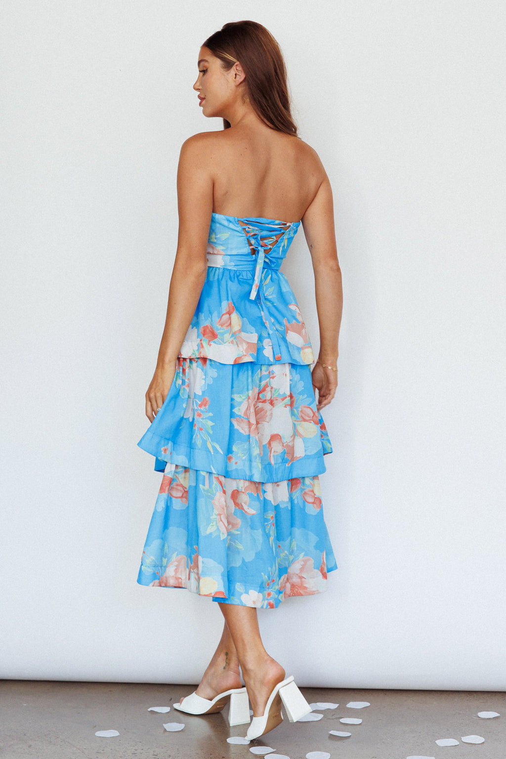 Outshine Strapless Tiered Midi Dress Floral Blue by Selfie Leslie