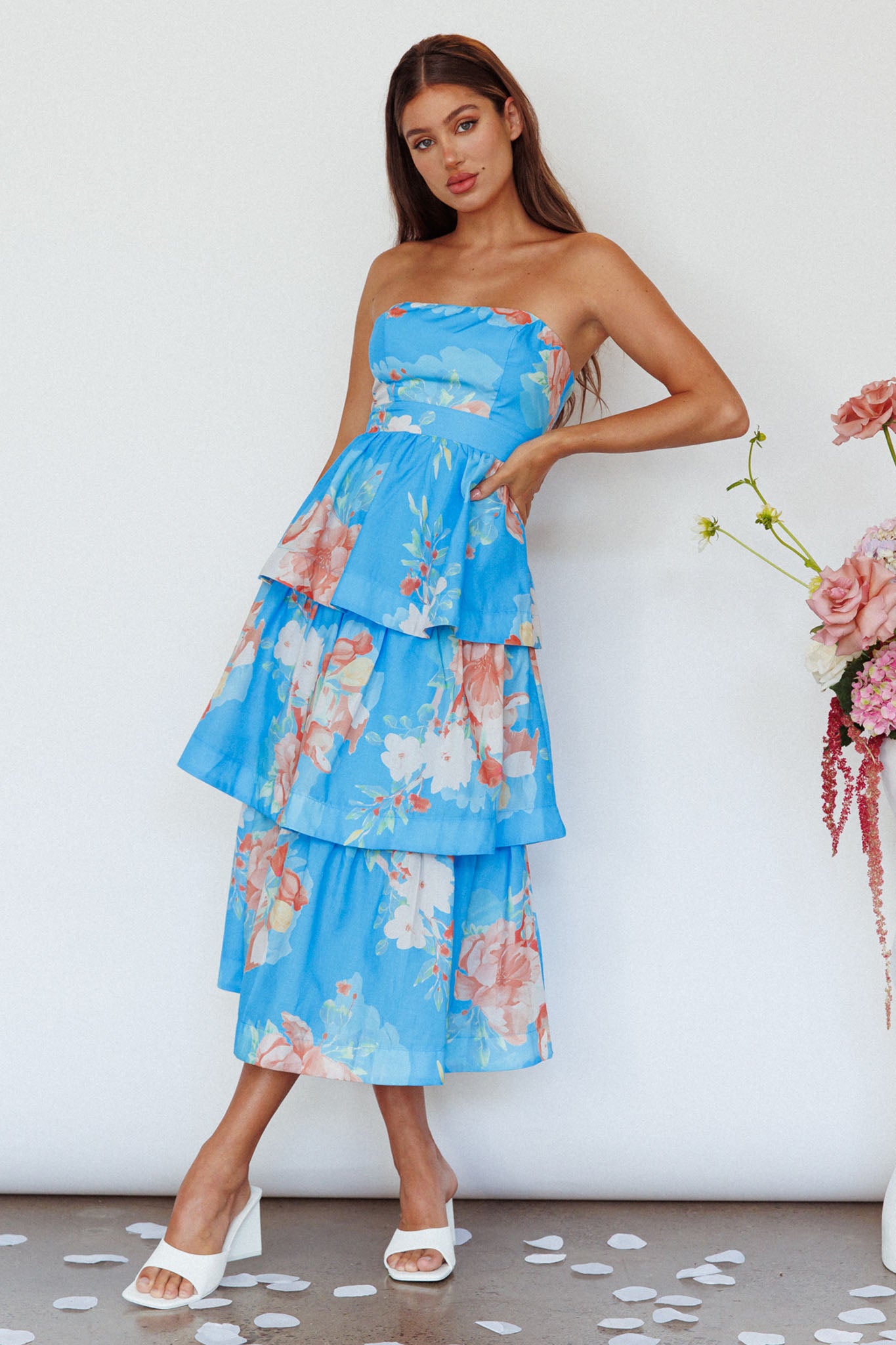 Outshine Strapless Tiered Midi Dress Floral Blue by Selfie Leslie