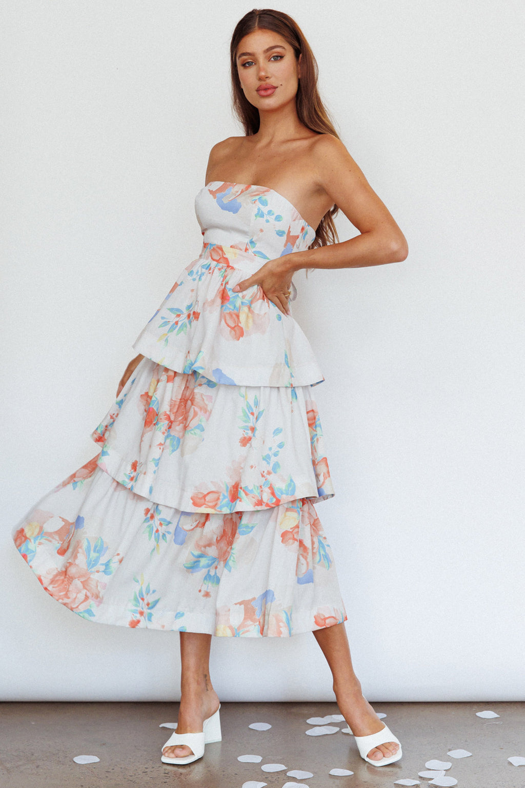 Outshine Strapless Tiered Midi Dress Floral Peach by Selfie Leslie