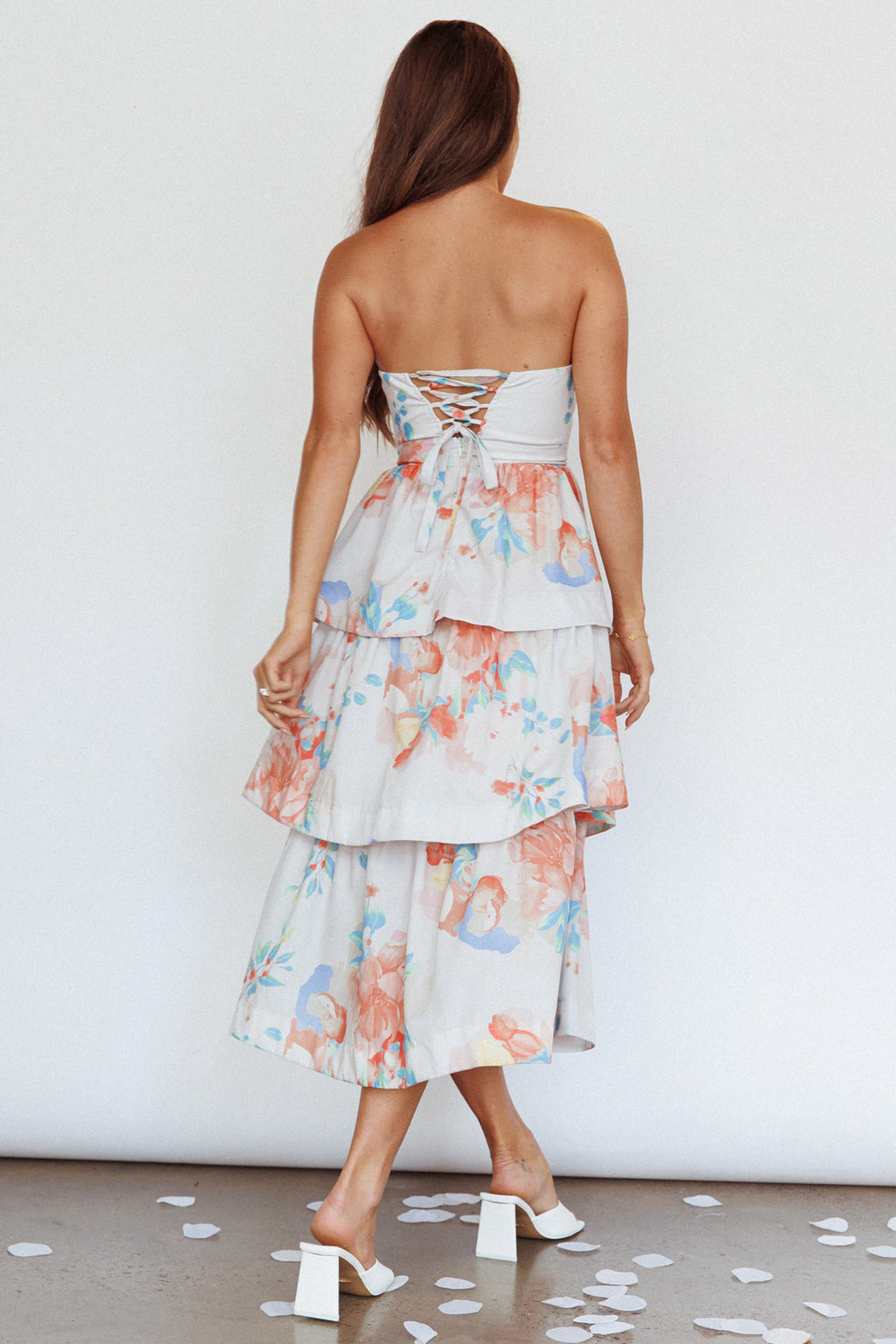 Outshine Strapless Tiered Midi Dress Floral Peach by Selfie Leslie