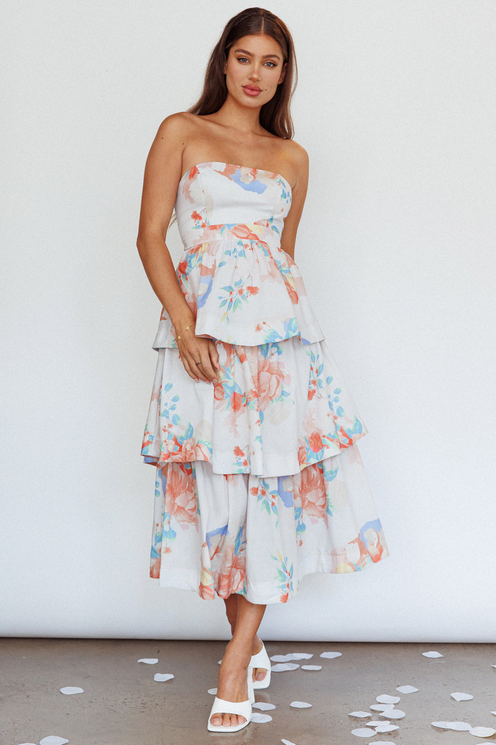 Outshine Strapless Tiered Midi Dress Floral Peach by Selfie Leslie