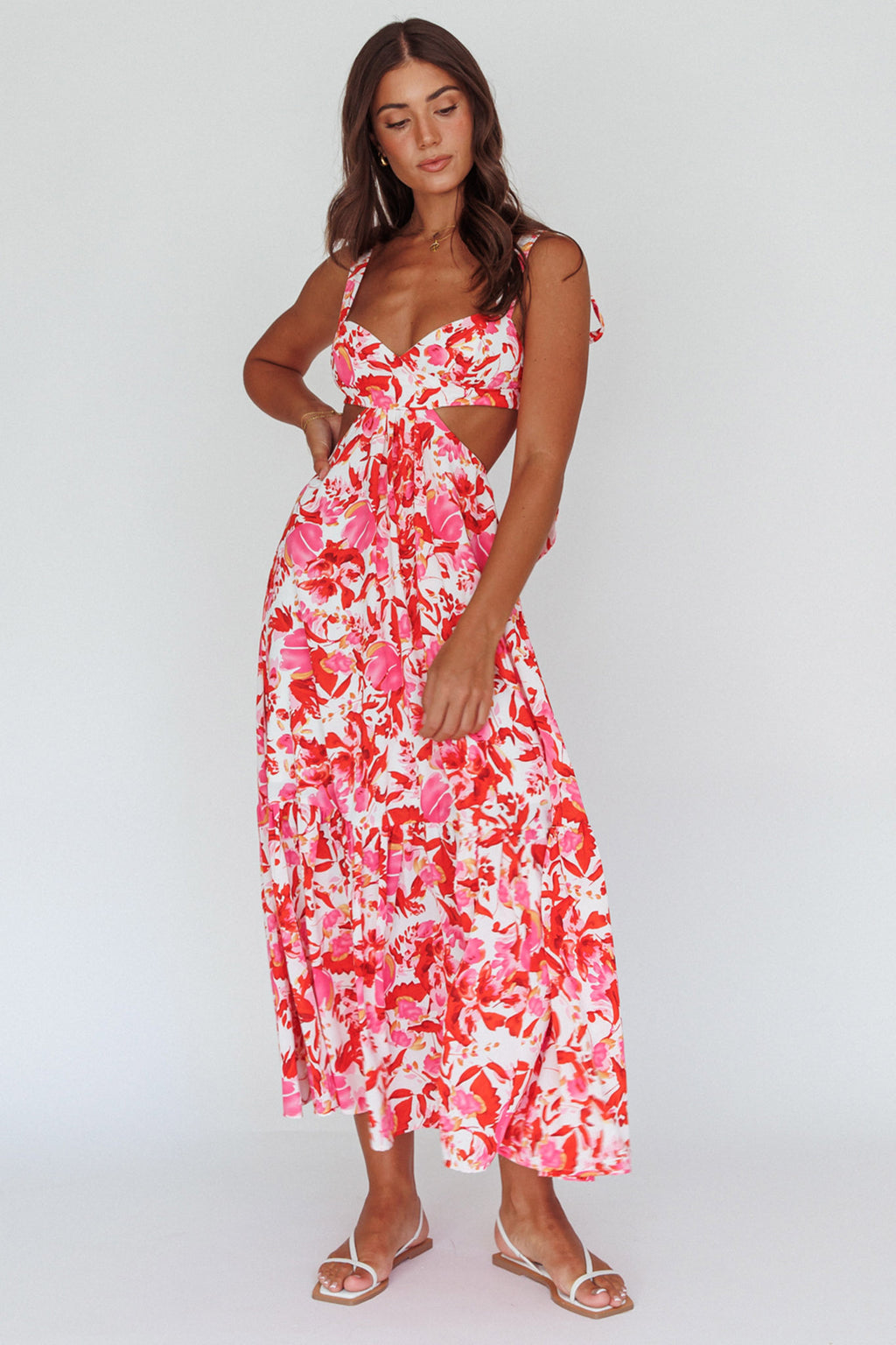 Sun Seeker Tied Shoulder Cut-Out Maxi Dress Floral Red by Selfie Leslie
