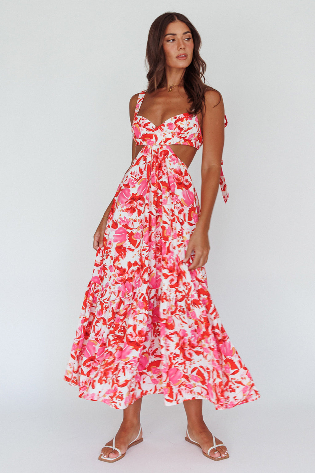 Sun Seeker Tied Shoulder Cut-Out Maxi Dress Floral Red by Selfie Leslie