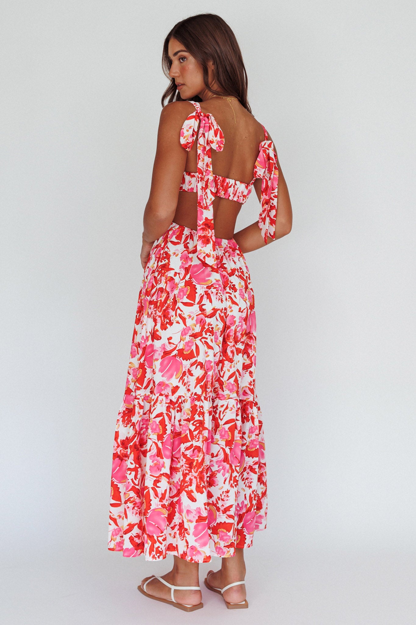 Sun Seeker Tied Shoulder Cut-Out Maxi Dress Floral Red by Selfie Leslie