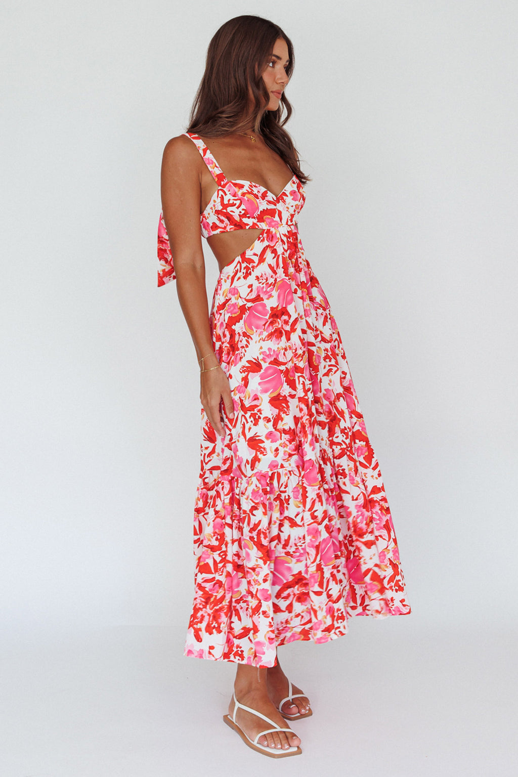 Sun Seeker Tied Shoulder Cut-Out Maxi Dress Floral Red by Selfie Leslie