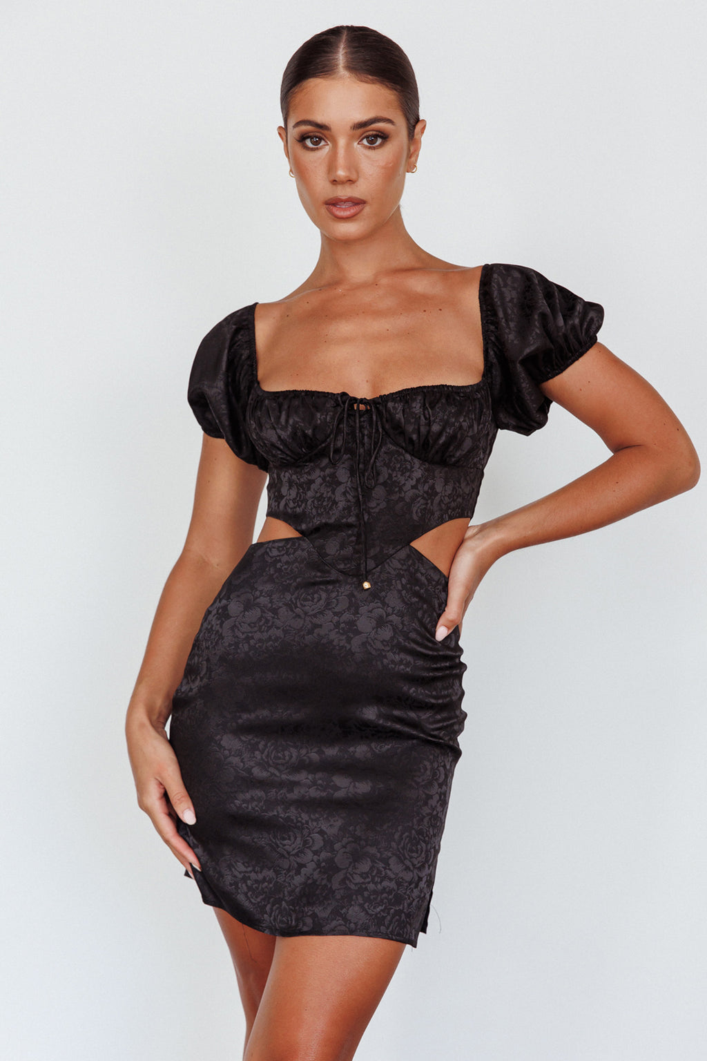 Eryn Puff Sleeve Jacquard Mini Dress Black by Selfie Leslie
