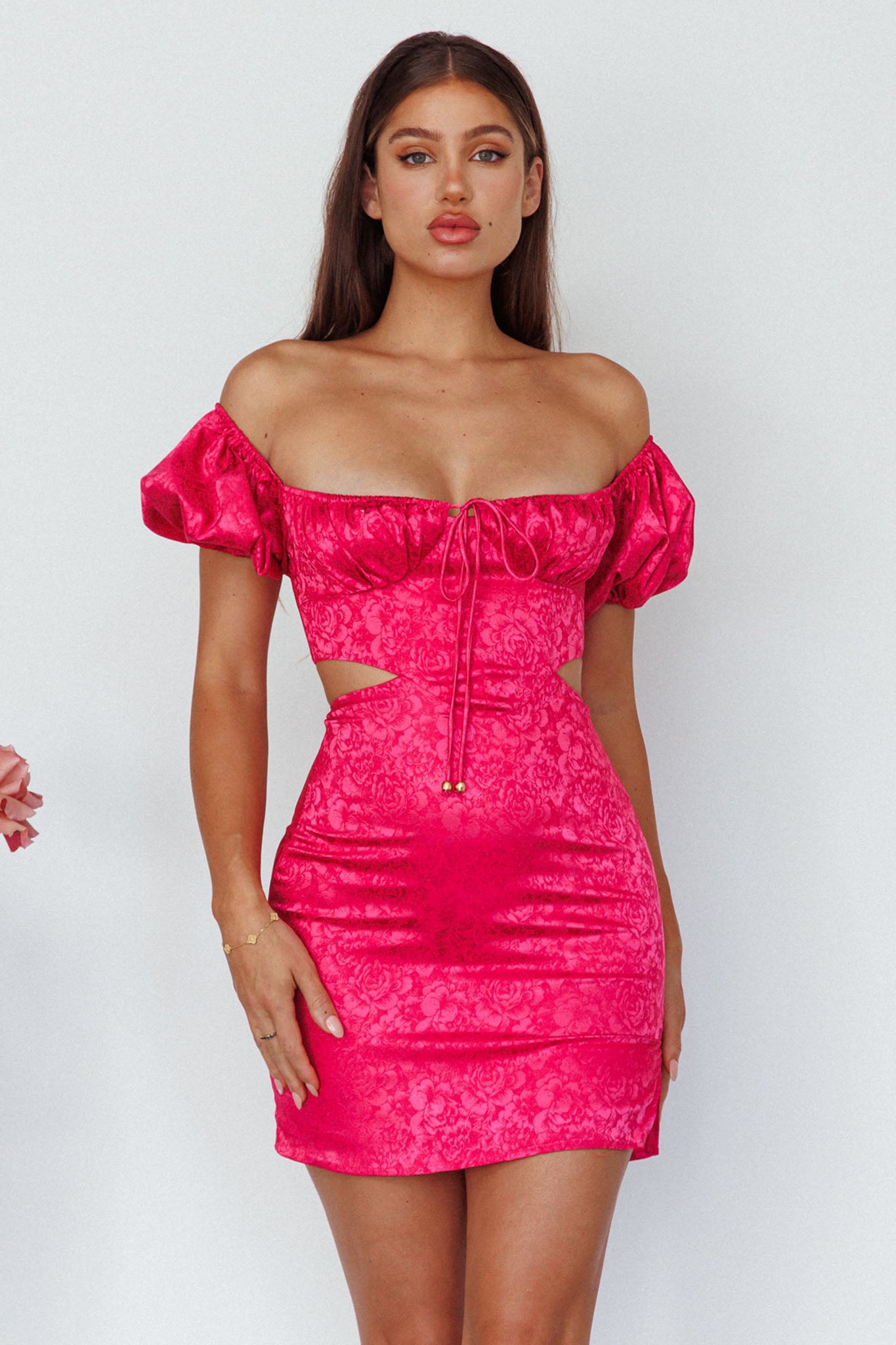 Eryn Puff Sleeve Jacquard Mini Dress Hot Pink by Selfie Leslie