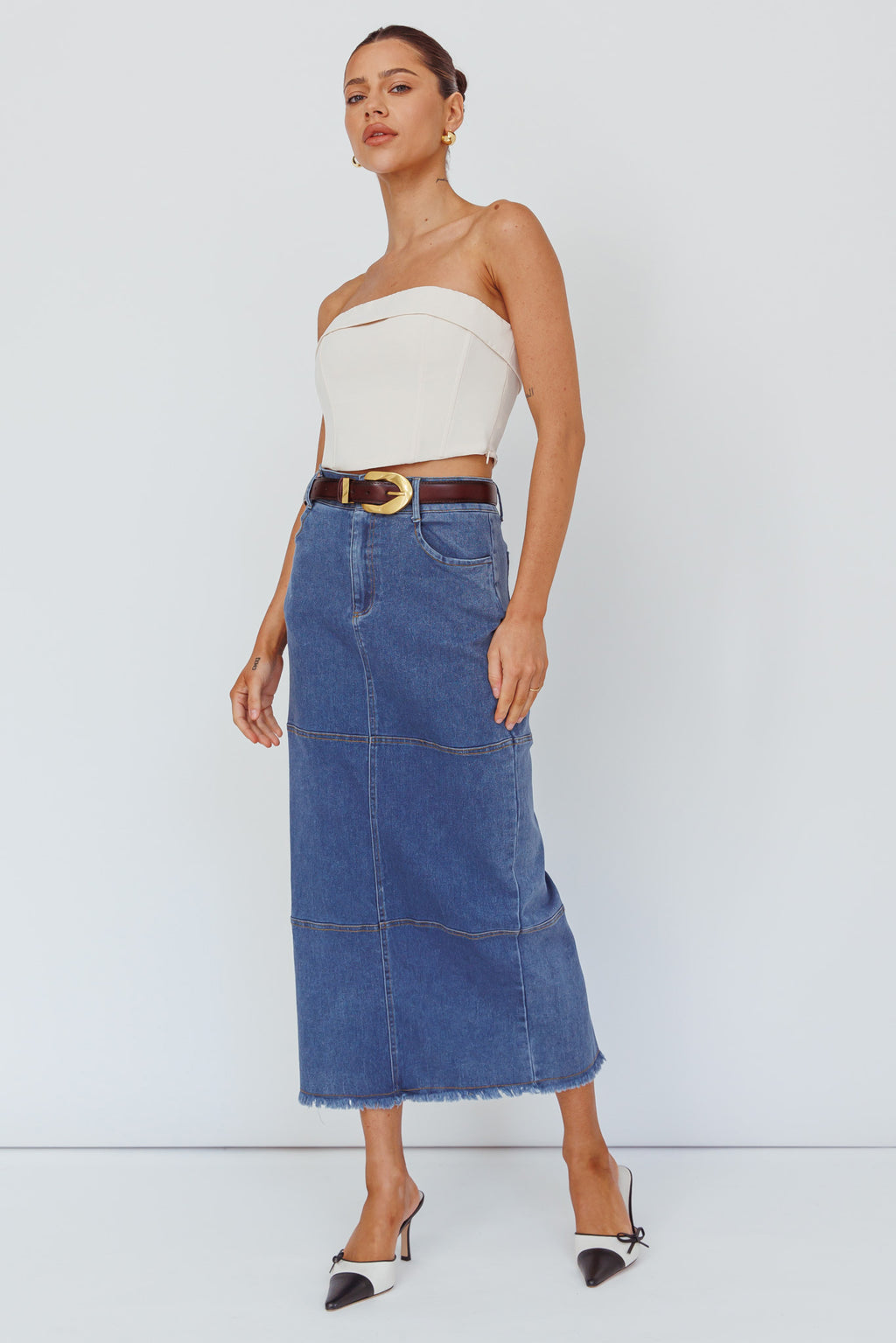 Thalia Pocket Midi Skirt Dark Blue by Selfie Leslie