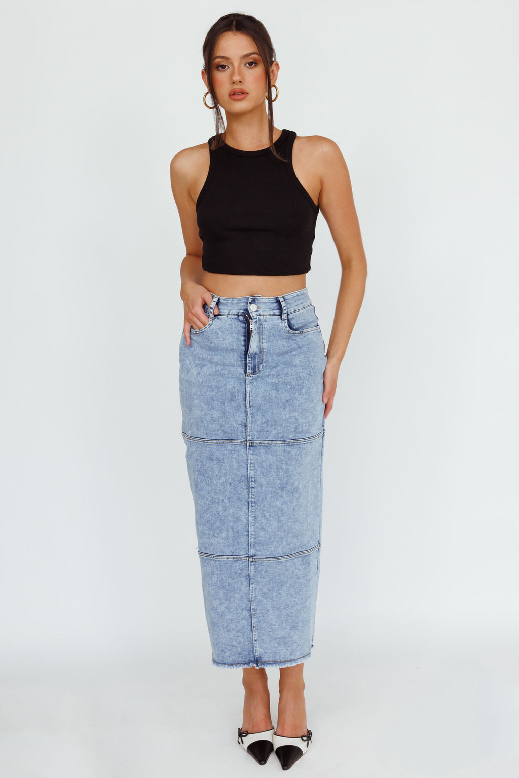 Thalia Pocket Midi Skirt Denim by Selfie Leslie