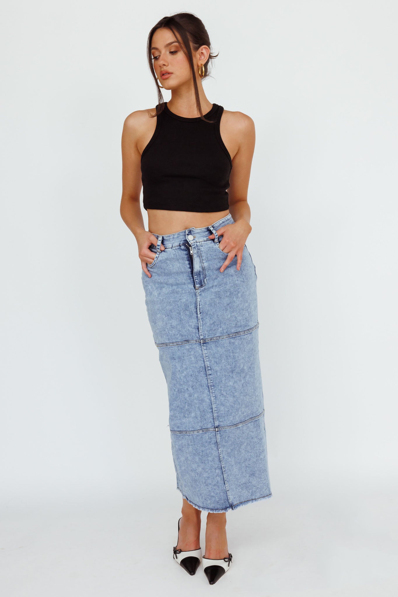 Thalia Pocket Midi Skirt Denim by Selfie Leslie