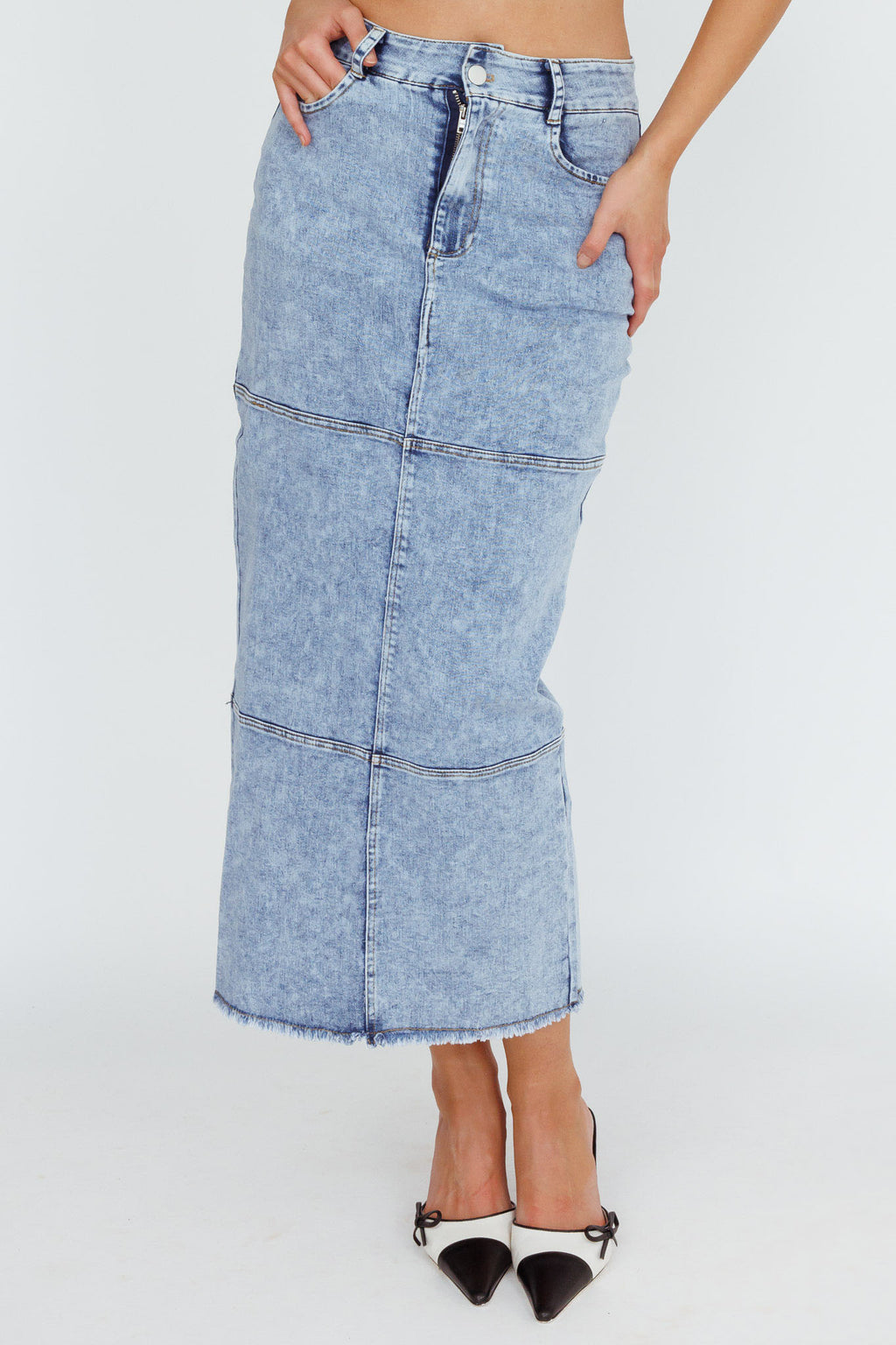 Thalia Pocket Midi Skirt Denim by Selfie Leslie