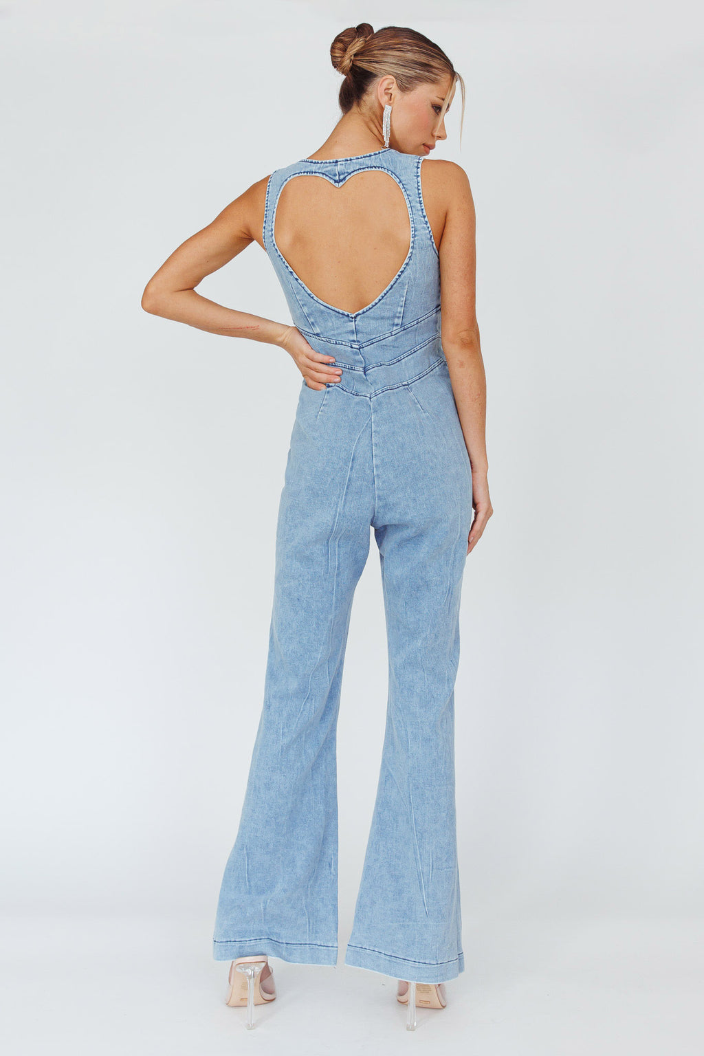 Teigan Heart Back Sleeveless Jumpsuit Light Denim by Selfie Leslie