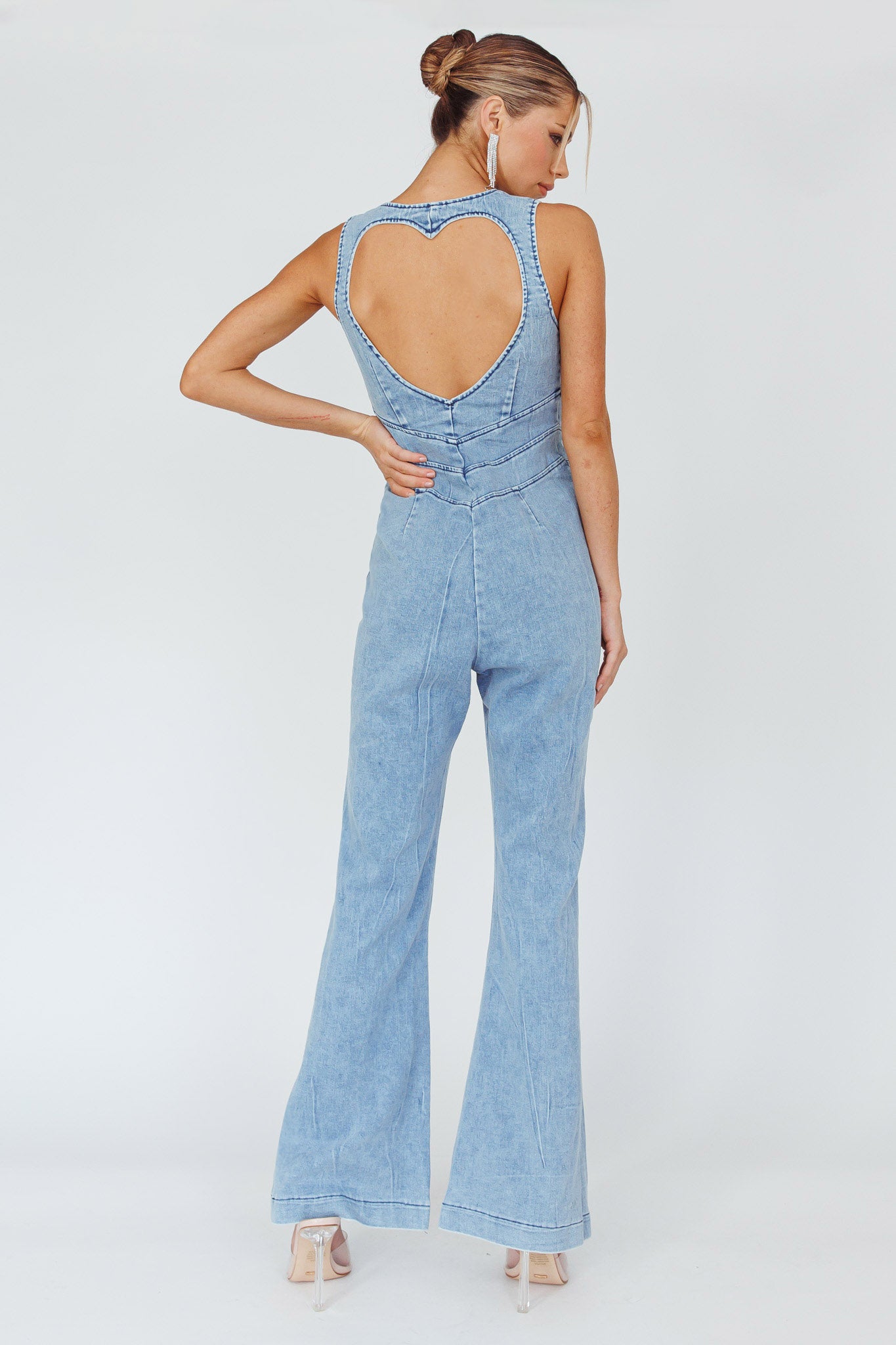 Teigan Heart Back Sleeveless Jumpsuit Light Denim by Selfie Leslie