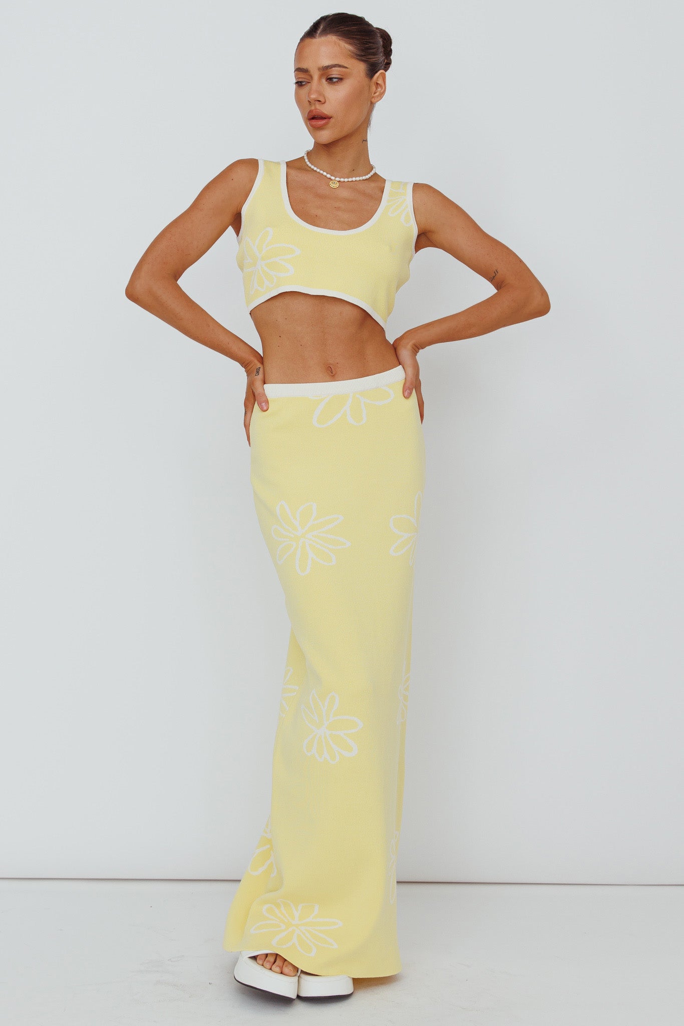 Sunland Knit Maxi Skirt Flower Light Lemon by Selfie Leslie