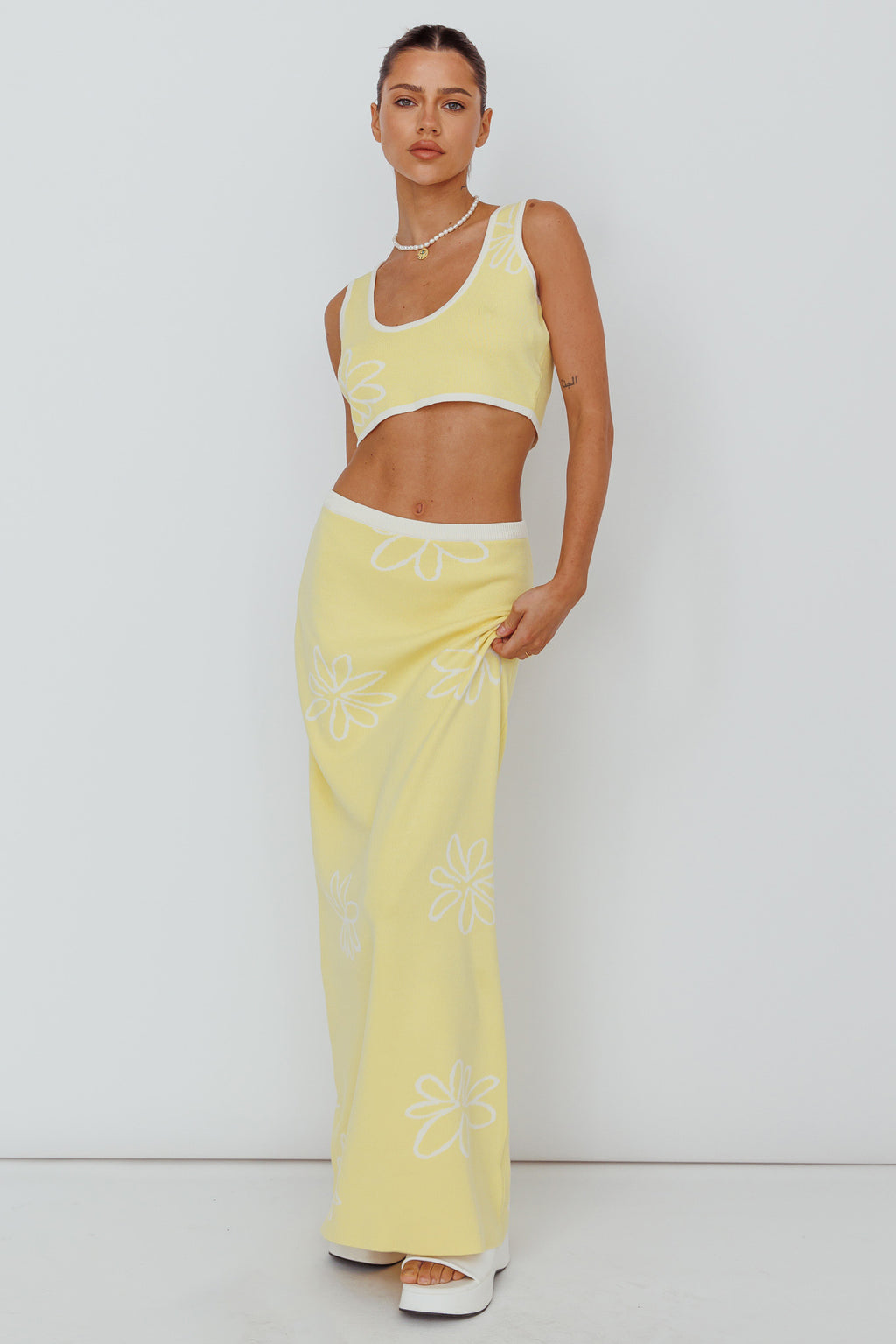 Sunland Knit Maxi Skirt Flower Light Lemon by Selfie Leslie