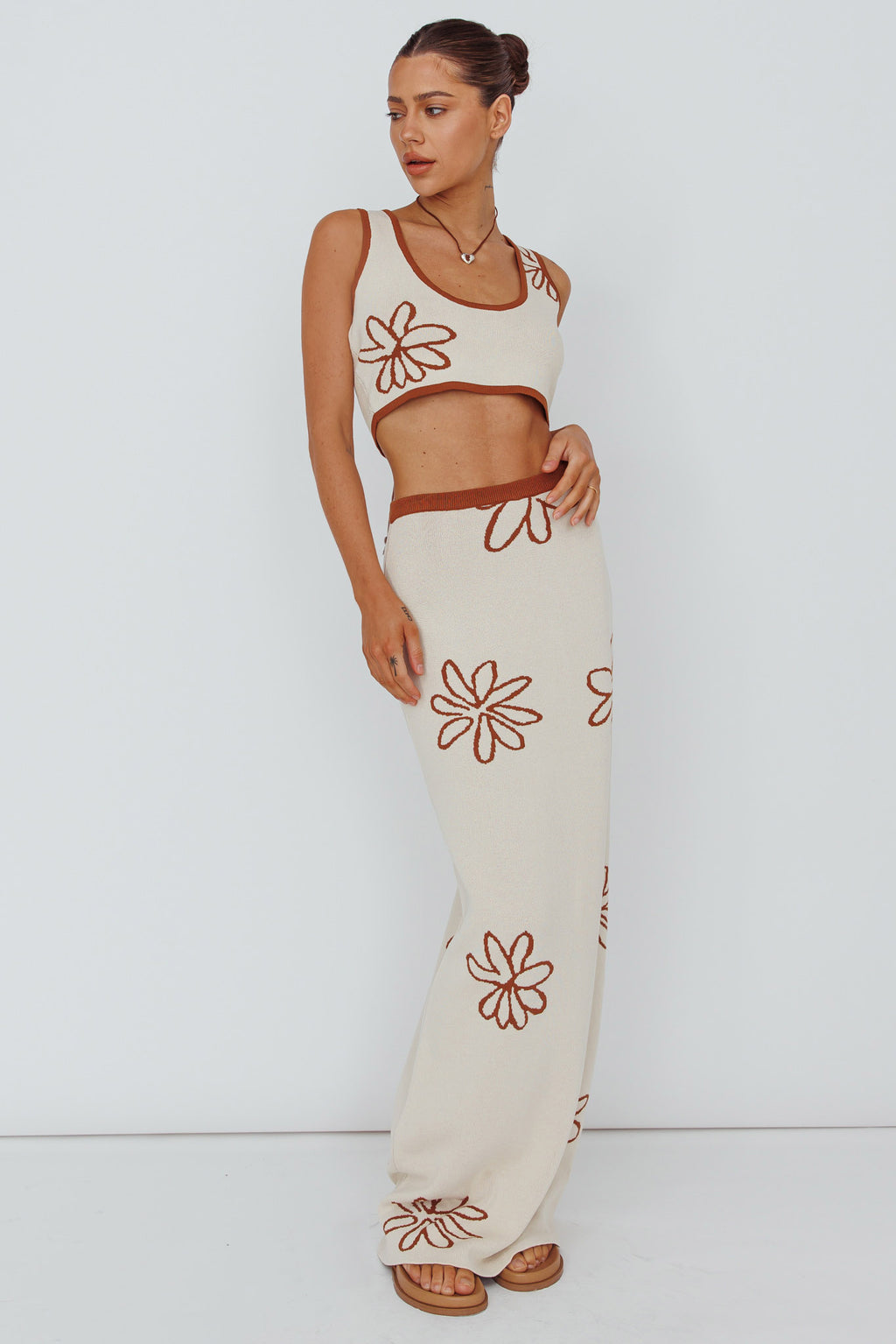 Sunland Knit Maxi Skirt Flower Oat Mocha by Selfie Leslie