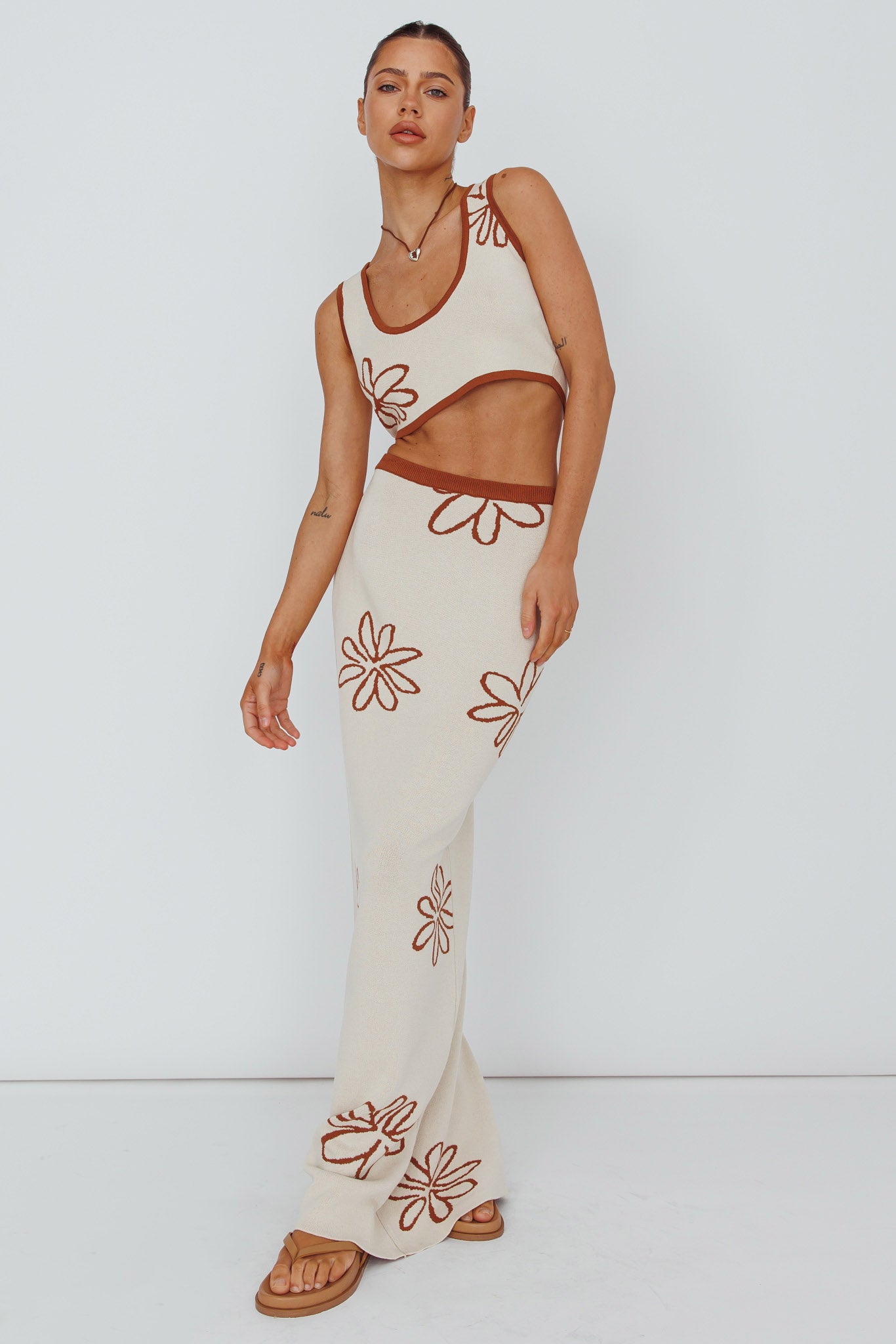 Sunland Knit Maxi Skirt Flower Oat Mocha by Selfie Leslie