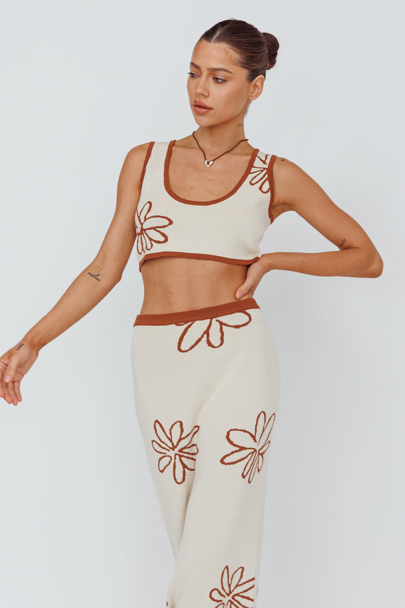 Sunland Knit Crop Top Flower Oat Mocha by Selfie Leslie