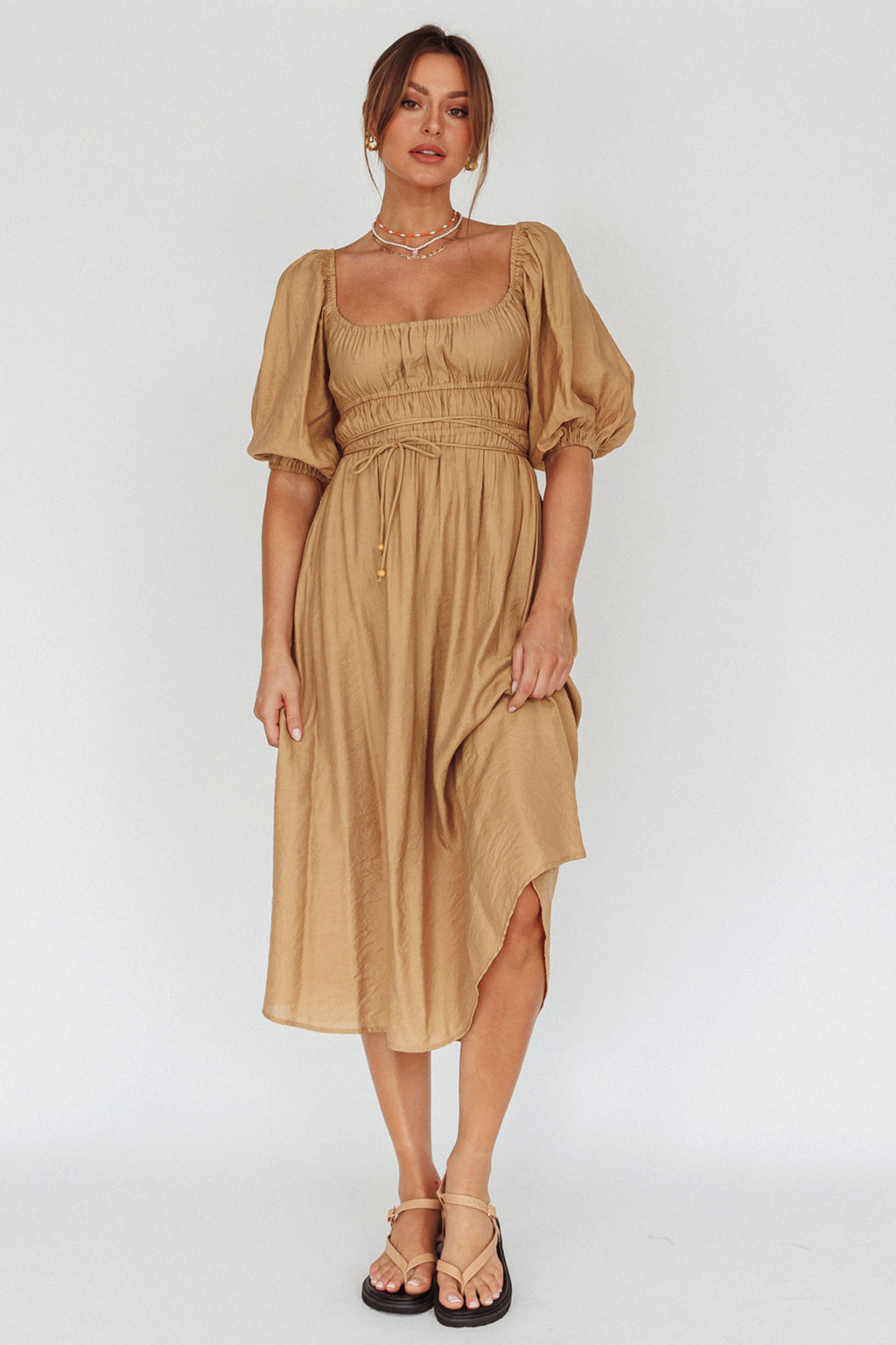 Lille Puff Sleeve Midi Dress Latte by Selfie Leslie