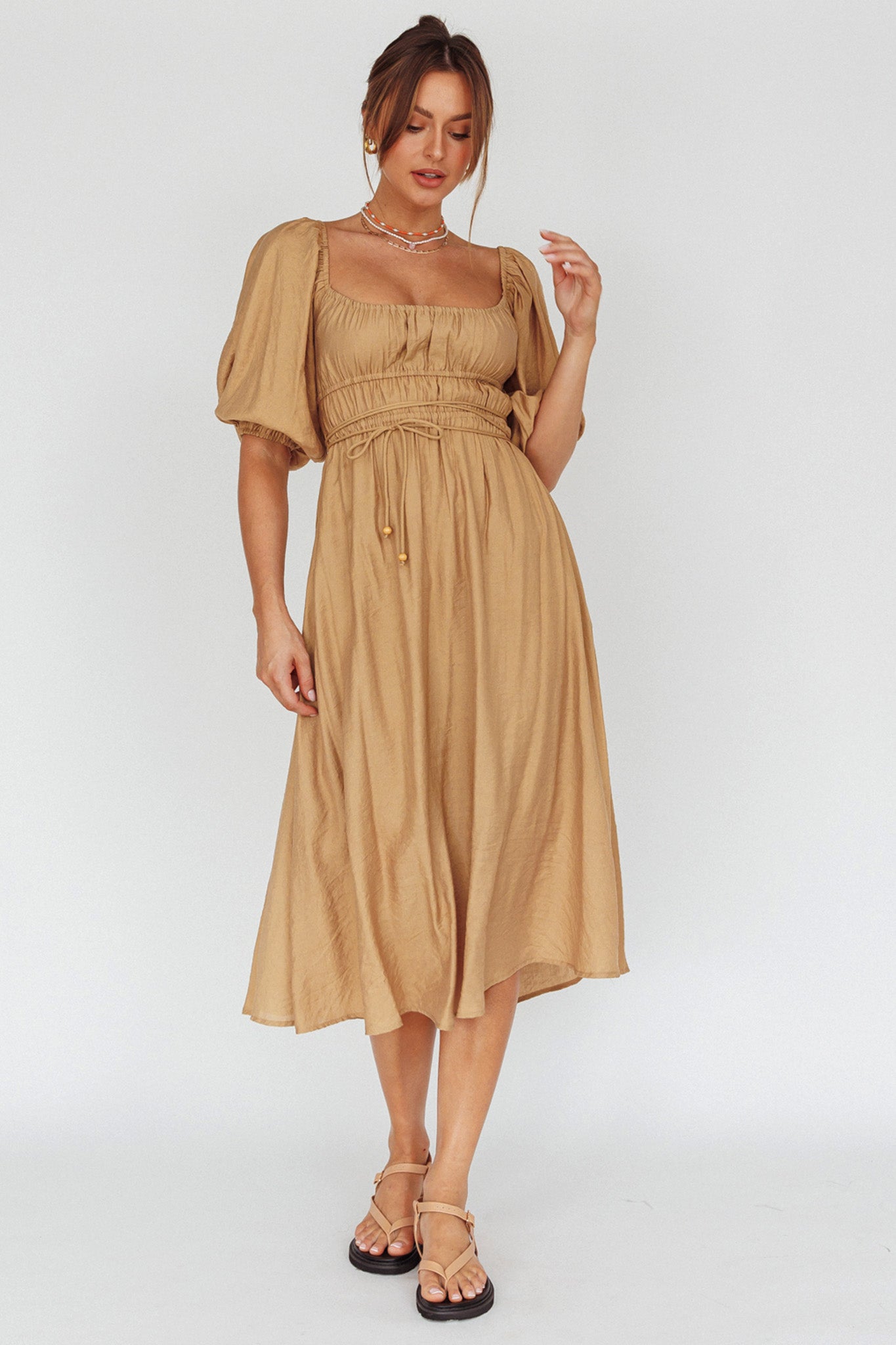 Lille Puff Sleeve Midi Dress Latte by Selfie Leslie