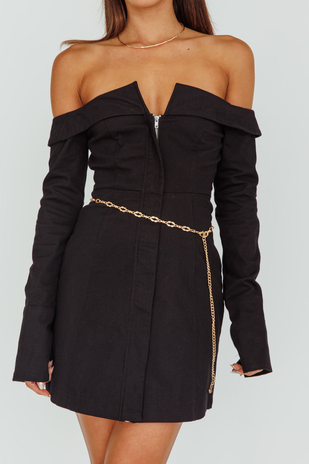 Tamra Long Sleeve Off-Shoulder Zip Dress Black by Selfie Leslie