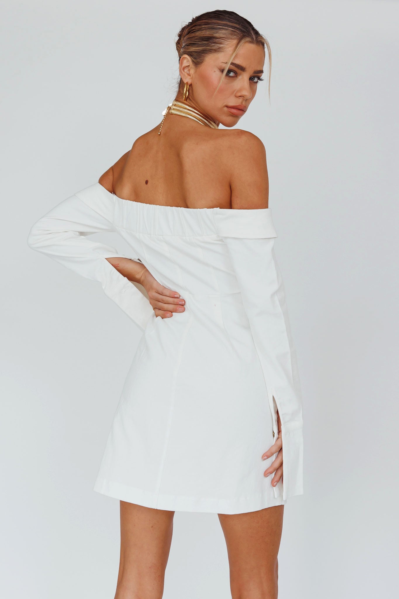 off the shoulder zipper dress Tamra Long Sleeve Off-Shoulder Zip Dress White