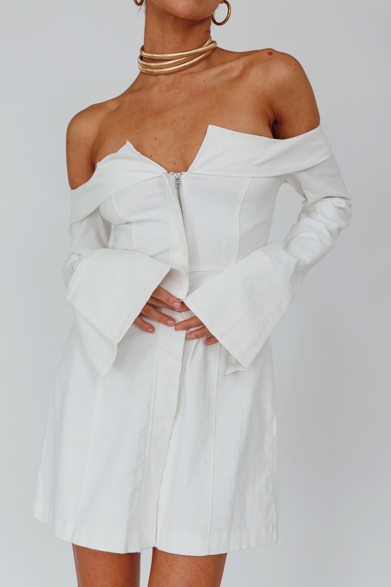 Tamra Long Sleeve Off-Shoulder Zip Dress White by Selfie Leslie