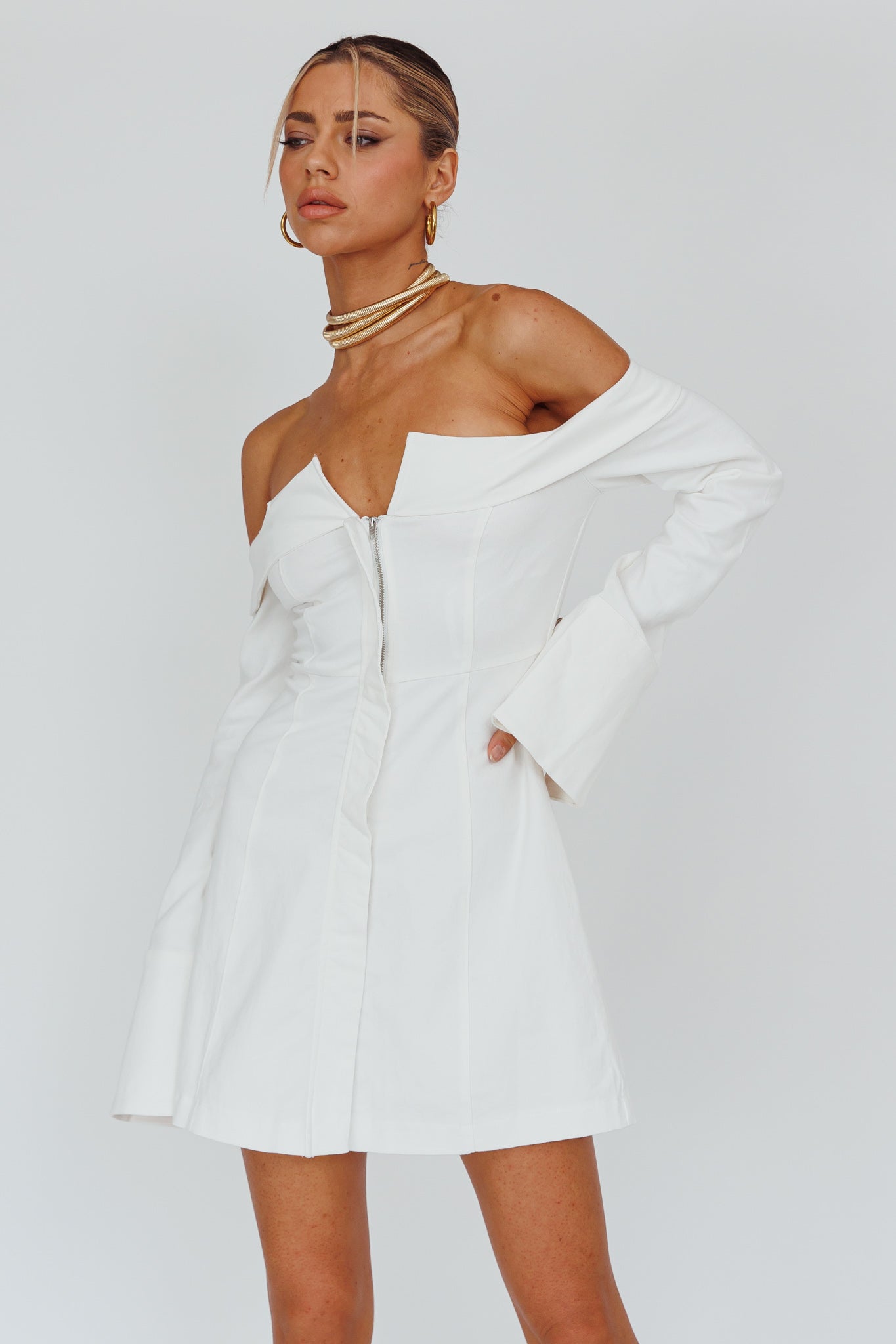 Tamra Long Sleeve Off-Shoulder Zip Dress White by Selfie Leslie
