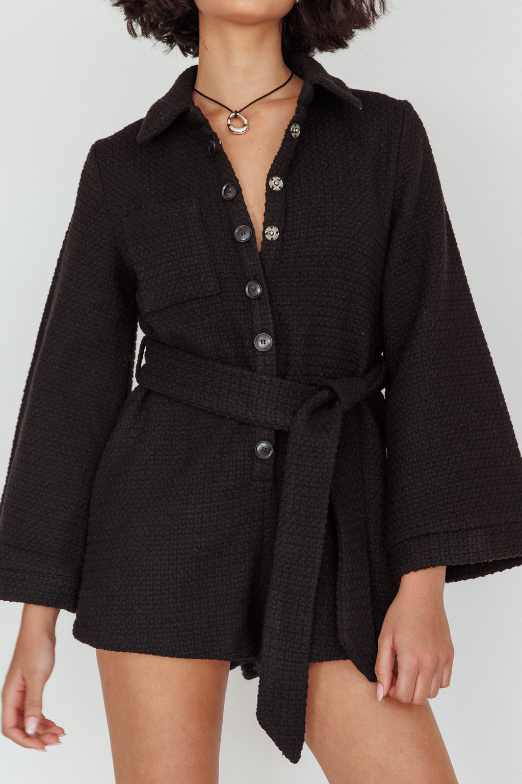Cy Long Sleeve Knit Romper Black by Selfie Leslie