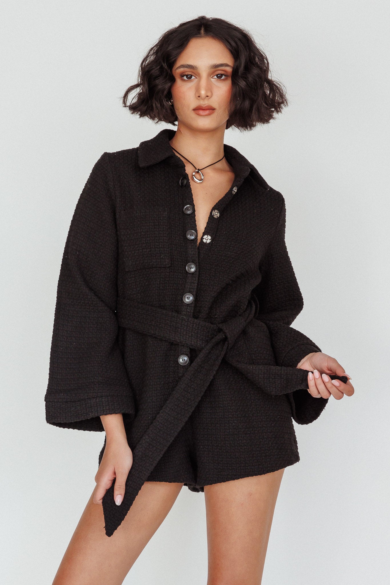 Cy Long Sleeve Knit Romper Black by Selfie Leslie
