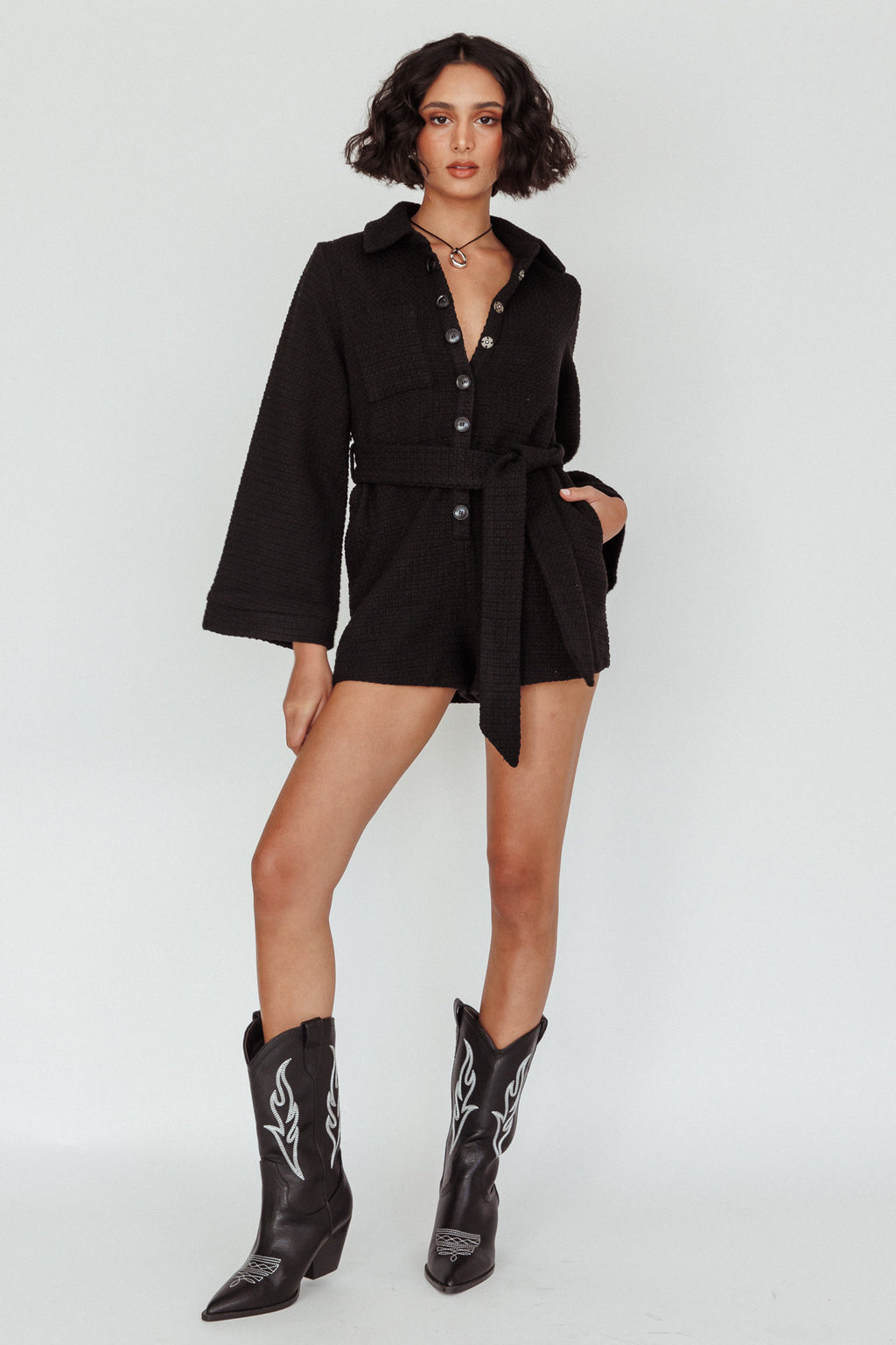 Cy Long Sleeve Knit Romper Black by Selfie Leslie