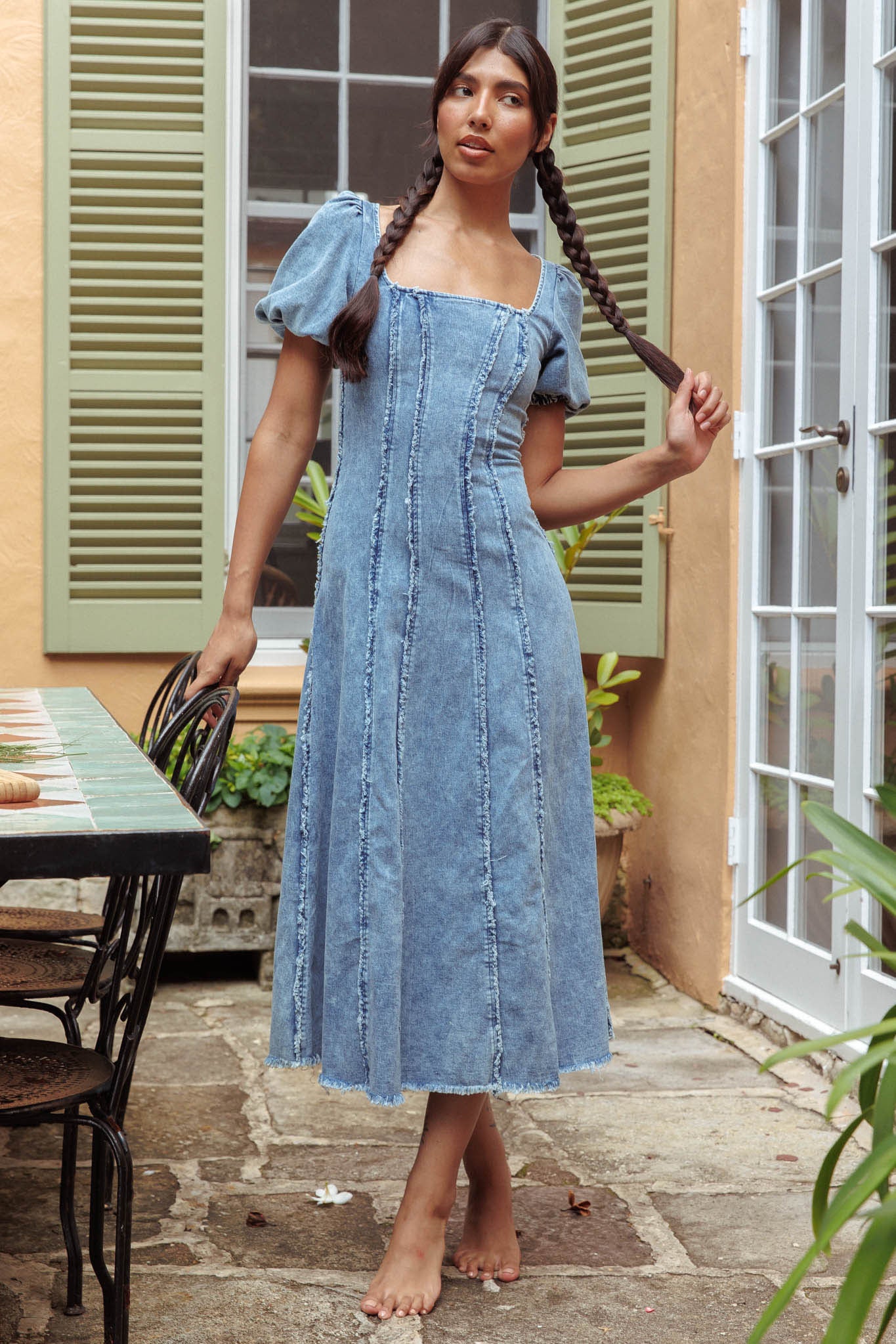 Northern Sky Fringe Puff Sleeve Midi Dress Denim Blue Selfie Leslie Northern Sky Fringe Puff Sleeve Midi Dress Denim Blue Selfie Leslie