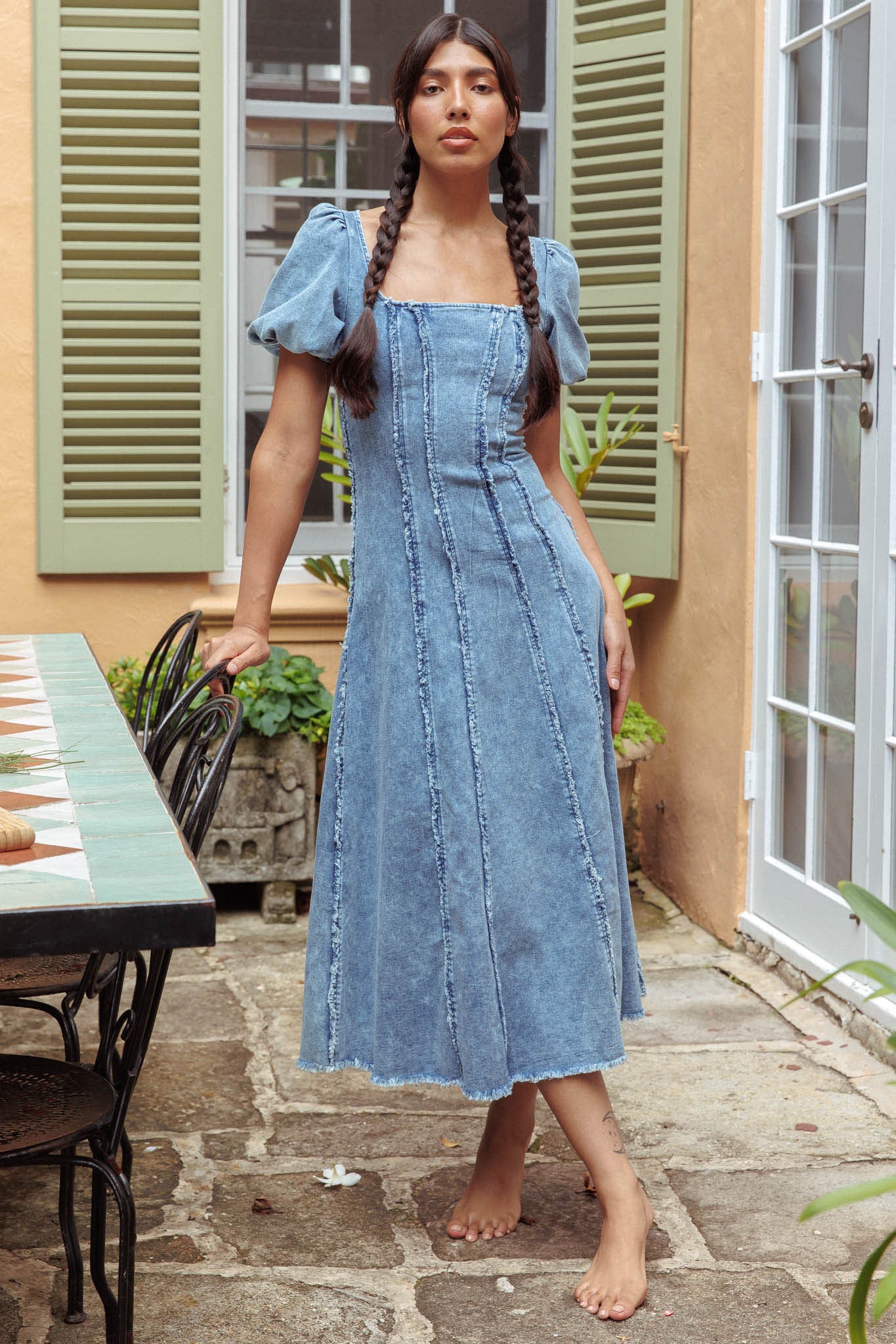 Northern Sky Fringe Puff Sleeve Midi Dress Denim Blue Northern Sky Fringe Puff Sleeve Midi Dress Denim Blue