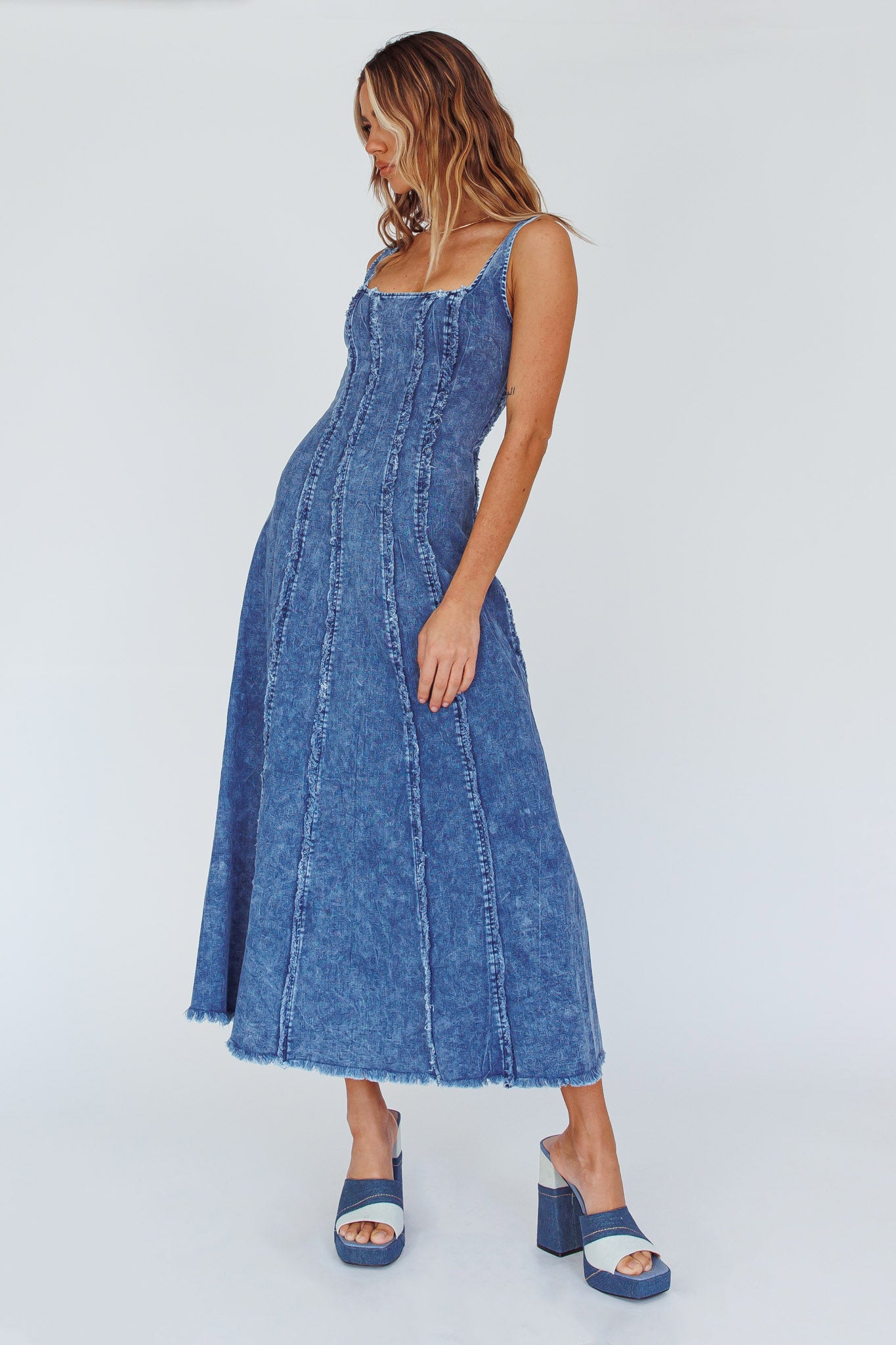 Northern Sky Fringe Trim Midi Dress Dark Blue by Selfie Leslie