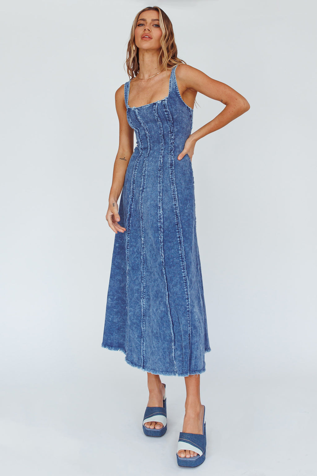 Northern Sky Fringe Trim Midi Dress Dark Blue by Selfie Leslie