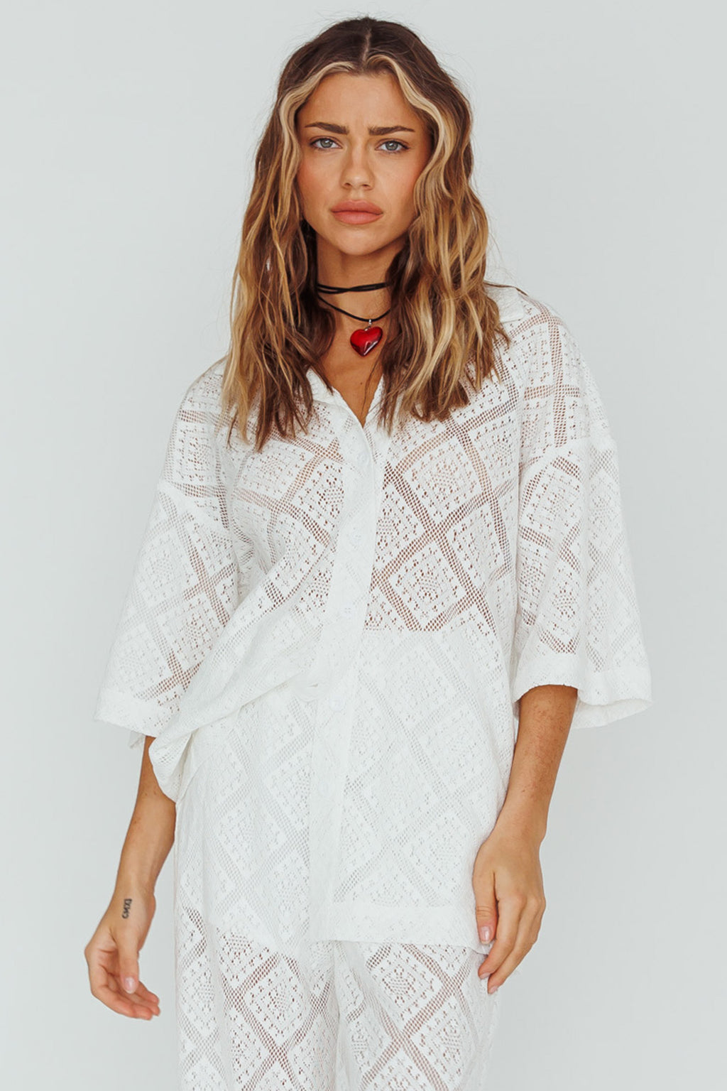 Abraya Lace Button-Up Shirt White by Selfie Leslie